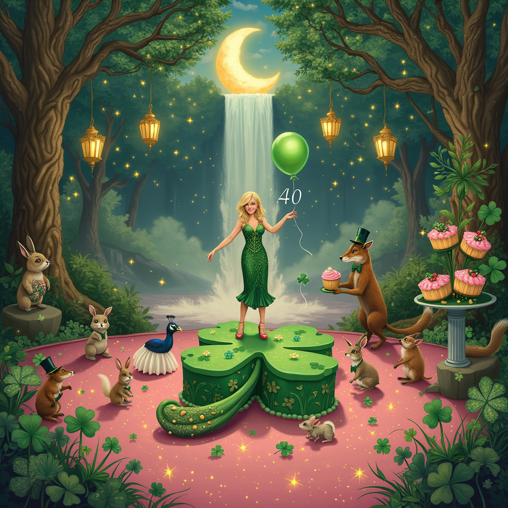 In the heart of an enchanted forest, an elaborate celebration unfolds on a pink velvet carpet strewn with golden sparkles. Central to this surreal birthday scene is a whimsical, giant cake shaped like a clover, its icing glistening with emerald hues. A blonde woman, elegantly dressed in a 1920s flapper gown adorned with tiny shamrocks and clovers, stands atop the cake, her expression jubilant as she clutches a shimmering '40' balloon in one hand.

Around the cake, a troupe of animated woodland creatures—reminiscent of Beatrix Potter's characters—are engaged in a merry dance. There are rabbits in top hats, hedgehogs in tutus, and mice wearing tiny bow ties. Interspersed among them, grand, ancient trees with faces akin to those in Arthur Rackham's illustrations, stretch their branches festooned with pink lanterns and twinkling fairy lights.

To the left, a majestic peacock with resplendent plumage sits regally on a moss-covered stone, its feathers subtly interwoven with four-leaf clovers that glint under the forest's ethereal light. On the right, a playful fox wearing a monocle and a bow tie playfully hands out pink cupcakes from a silver platter, each one topped with edible glitter.

Above, the sky is an enchanting mix of twilight hues, painted with swirling clouds that look like they could have been touched by Maxfield Parrish's brush. Glittering stars form whimsical constellations, and a crescent moon hangs low, casting a soft, surreal glow over the entire scene.

In the background, a grand, iridescent waterfall cascades down into a sparkling pink river, reflecting the birthday scene like a magical mirror. The water is teeming with luminescent fish, their scales catching the light and adding to the sparkle.

The entire illustration is bordered with intricate, Art Nouveau-style vines and leaves, inspired by Aubrey Beardsley, with delicate clover patterns entwined, encapsulating this extraordinary 40th birthday celebration in a whimsical, magical realm.
Generated with these themes: Blonde , 40th Birthday, Pink, Sparkles, Shamrocks, and Clovers.
Made with ❤️ by AI.