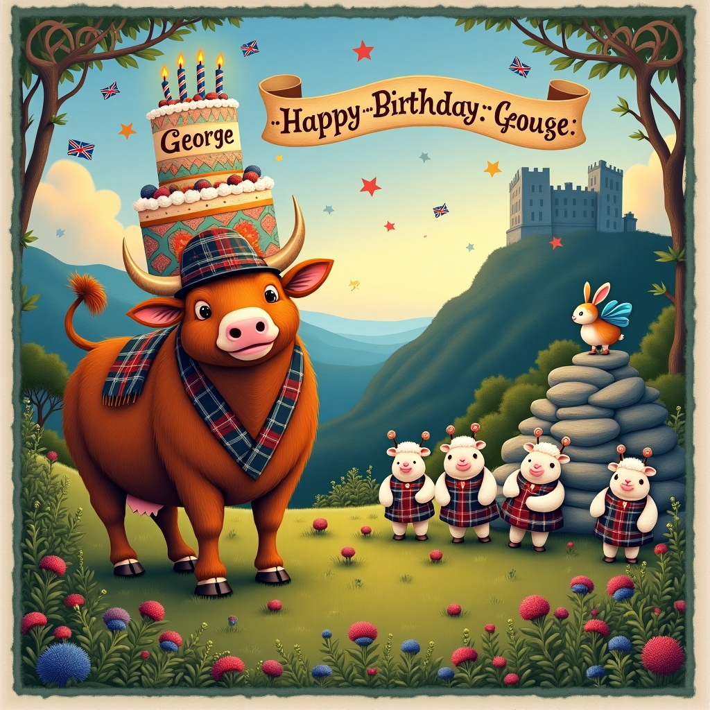 Picture a vibrant and whimsical scene set in the heart of the Scottish Highlands, bathed in a soft, magical twilight. The foreground features a jovial, rotund Highland cow, sporting a tartan tam o' shanter jauntily perched atop its head. The cow is balancing a precariously towering cake, festooned with thistles and heather, as well as a collection of quirky candles that flicker like miniature kilted Highland dancers. The cake is topped with the name "George" spelled out in bold, icing letters, each one adorned with a tiny Scottish flag. 

In the background, a rowdy band of bagpipe-playing sheep stand on hind legs, each adorned with mini kilts and sporrans. Their wool has been artistically sheared into spiral curls reminiscent of a Beardsley illustration. Above them, a banner made of fluffy white clouds drifts across the sky, with "Happy Birthday, George!" artfully lettered in an Edward Gorey-esque script, playfully interspersed with flying haggis and dancing tartan patterns.

To the right, a haphazard pile of Highland stones forms a cairn, with a cheeky rabbit peeking out, reminiscent of Beatrix Potter’s creations. The stones are engraved with images of mythical Scottish creatures—like kelpies and the Loch Ness Monster—an homage to Rackham's style. Nestled beside the cairn, a mischievous thistle fairy, with wings as delicate as those of Maurice Sendak’s creatures, sprinkles magic dust over the scene, adding an ethereal glow that captures the spirit of Maxfield Parrish's luminance.

In the far distance, silhouetted against the majestic hills, a castle stands proudly, its turrets tipped with tartan flags fluttering in the gentle breeze. It's an image worthy of a Dore engraving, providing a dramatic backdrop to this cheerful celebration. The entire scene is framed by a border of intricate Celtic knots, offering a nod to the intricate detail favored by artists like Aubrey Beardsley. This card is a feast for the eyes and a perfect Scottish-themed birthday tribute to George.
Generated with these themes: Scotland.
Made with ❤️ by AI.