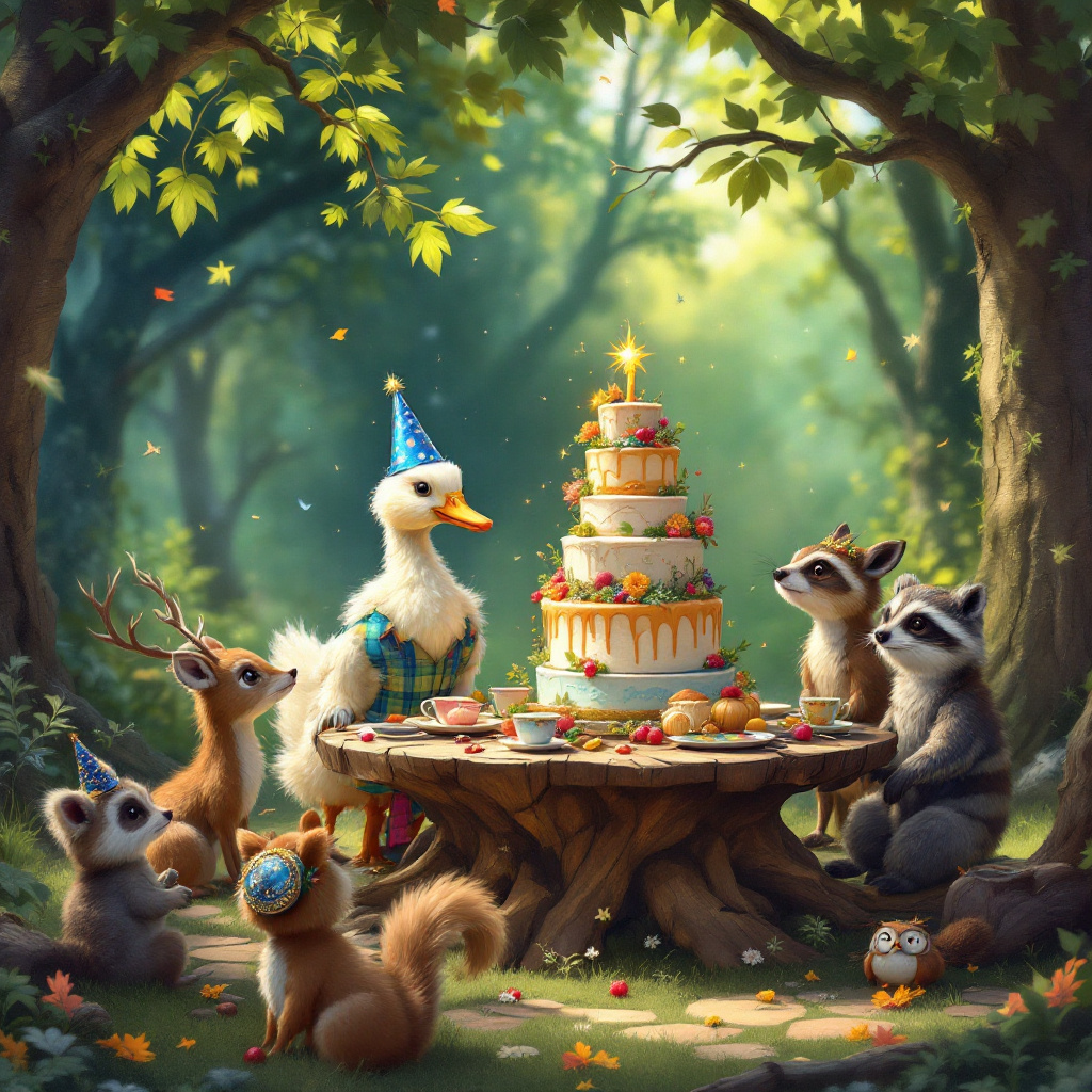 A silly baby goose wearing trousers and a party hat surrounded by other woodland creatures wearing party hats at a Tea party with a birthday cake, Raccoon, Lego, and Birthday cake Birthday Card