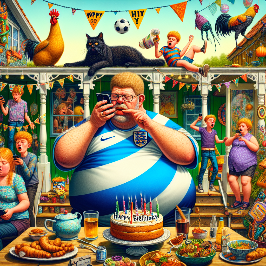Imagine a whimsical birthday party illustration. At the center, there's a plump 50-year-old Caucasian man with a bowl cut, wearing a soccer jersey and perpetually engaged in a conversation on his phone, his large fingers rapidly texting on the glossy screen. Nearby, a black cat lounges atop the hood of a parked car, appearing indifferent. The celebration is vibrant and chaotic - two ginger-haired children, a Caucasian boy and girl, playfully running around him, while a blonde Caucasian boy calmly takes in the scene. His wife, a person with notably large teeth and lips, is happily immersed in a reality show episode. The air is filled with the scent of spicy food. Among the decorations, fake chickens hang humorously. A surprise is cleverly hidden within the birthday cake, hinting at a wilder period of the man's life, and his leg appears swollen, supporting his large body. It's a vivid portrayal of indulgence and eccentricity.
Generated with these themes: Fat 50 year old white man with bowl cut hair, Leeds united, Always talking , Always texting, Hyundai getz, Fat sausage fingers, One fat leg, Ecstasy pill, Black Cat that knows no love, 2 ginger children one boy one girl, Blonde boy child, Wife with big lip and big teeth, Can't pay we'll take it away, Spicy food, and Dead chickens.
Made with ❤️ by AI.