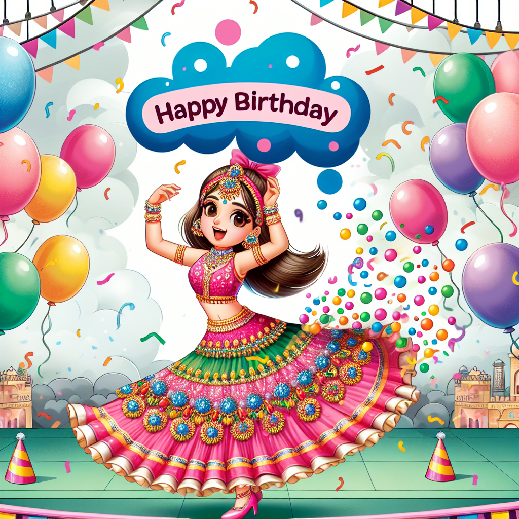 Create an endearing cartoon drawing of a birthday celebratory scene. In the heart of the scene, a South Asian female dancer in a vibrant traditional Bollywood costume, embellished with colorful accents, catches everyone's eye as she performs with robust energy on stage. The stage design includes a backdrop of a delightful birthday party filled with charming pastel balloons, fun party hats, and a rain of confetti. Floating above the dancer in playful, bubble letters are the words 'Happy Birthday Madhuwi', adding a personalized touch to the image.
Generated with these themes: A bollywood dancer on stage ,and Happy Birthday madhuwi.
Made with ❤️ by AI.