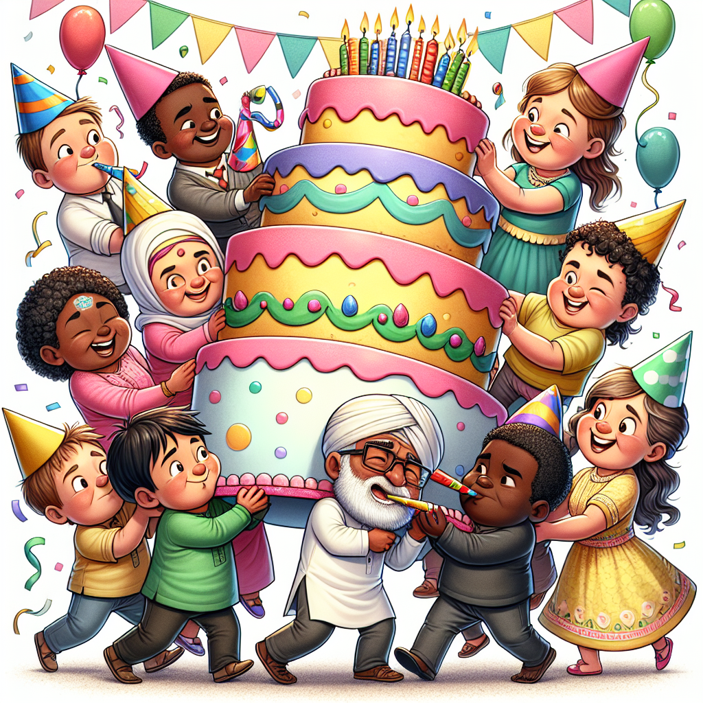 An entertaining birthday themed illustrated scene featuring a diverse group of cheerful little people. These individuals come from a variety of descents, such as South Asian, Hispanic, Black, and Middle-Eastern. Each of them contribute to carrying an oversized, multicolored birthday cake. They comically struggle to keep it steady, invoking a sense of amusement. Party hats adorn their heads, with balloons and streamers creating a celebration backdrop. One particular individual at the front, of Caucasian descent, blows a party horn. Their facial expression is filled with humor, further enhancing the lighthearted and festive atmosphere of the scene.
Generated with these themes: MIDGETS.
Made with ❤️ by AI.