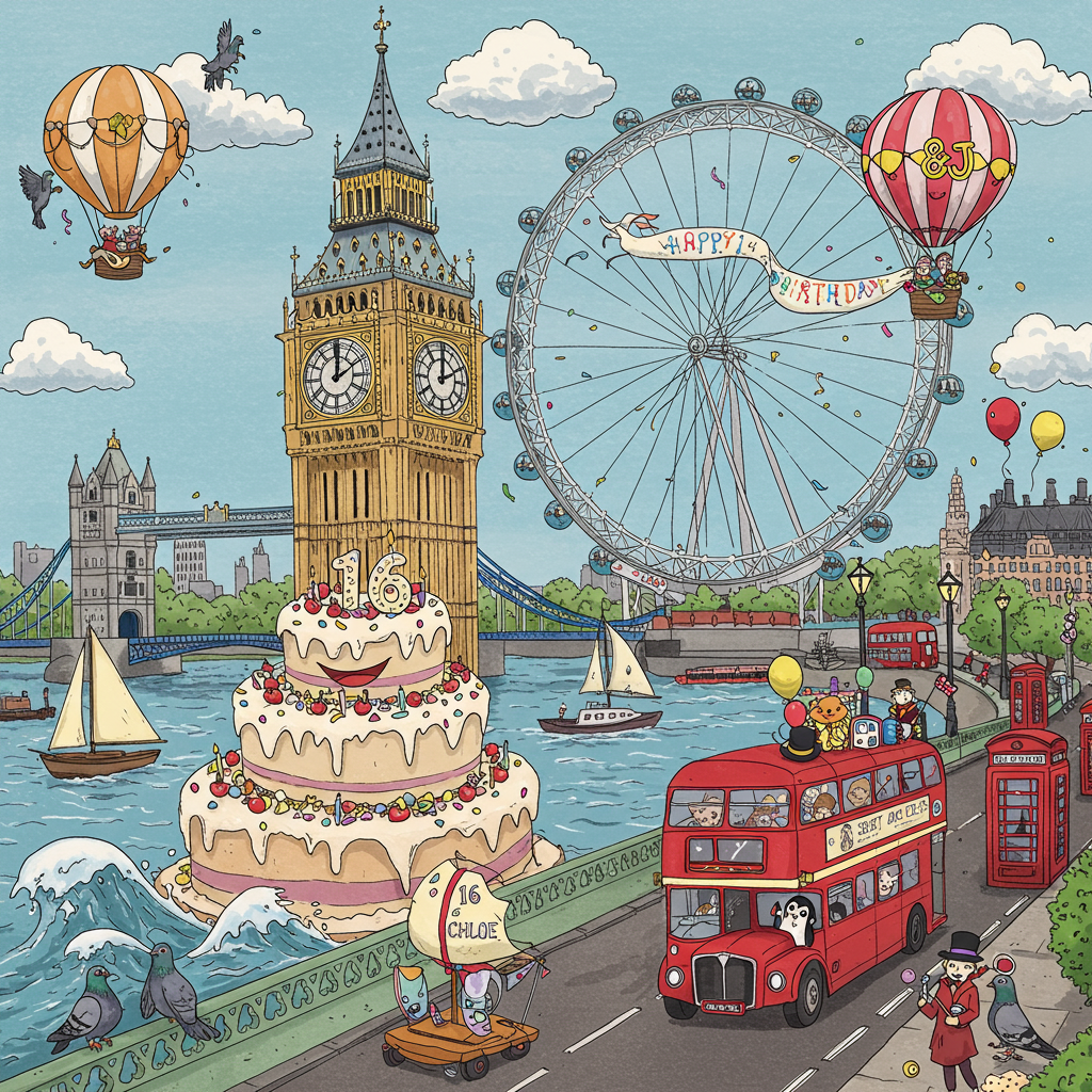 Front and center, a whimsical London cityscape unfolds, filled with playful exaggerations and vibrant colors. Towering above, Big Ben ticks merrily, its clock face transformed into a giant, smiling birthday cake with icing swirls and colorful sprinkles. The clock hands point to 3:00 and 9:00, perhaps as a cheeky nod to 16.

To the right, a double-decker bus with oversized windows rolls by, painted in bright, cherry red. The upper deck holds a parade of animals and people, including a cheerful penguin sporting a top hat and monocle, waving a Union Jack flag. Behind the bus, iconic London telephone booths line the street, each painted a different color of the rainbow.

The River Thames, curving beneath a stylized, playful version of the Tower Bridge, sparkles with exaggerated blue waves. On the water, a tiny sailboat with a bright yellow sail glides by, its mast adorned with a pennant reading "Sweet 16 Chloe."

In the sky, fluffy white clouds drift lazily, one shaped like a teacup with steam curling upwards. A hot air balloon, decorated like a giant birthday present with a bow, floats gracefully. The banner trailing behind it reads “K&J” in bold, cheerful letters.

Peppering the scene, pigeons with cartoonishly large eyes and tiny top hats peck at crumbs beside a street performer juggling multicolored balls on the sidewalk. Above, a pigeon perches on Big Ben’s spire, wearing an exaggerated, oversized birthday crown.

The background features the London Eye, its cabins transformed into colorful balloons, each carrying passengers who gleefully toss confetti into the air, adding a final touch of celebration to this lively London birthday scene.
Generated with these themes: London theme.
Made with ❤️ by AI.