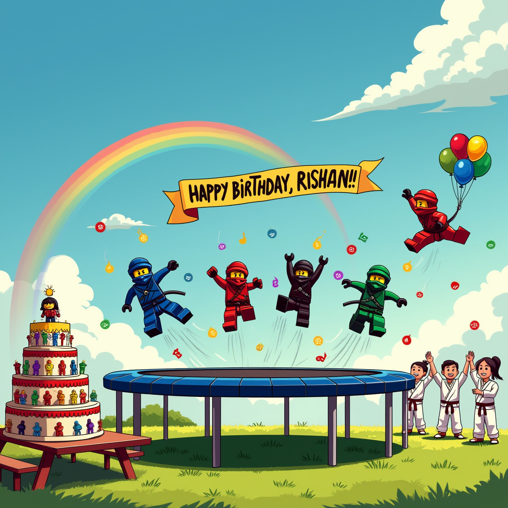 In a whimsical cartoon scene set against a bright, sky-blue backdrop, a bustling birthday party is underway in an open grassy field. Front and center is a gigantic trampoline, where miniature versions of the iconic Ninjago characters, dressed in vibrant red, blue, green, and black ninja suits, are leaping high into the air. Each ninja is striking dynamic poses, their heads tilted in fierce concentration as if performing an epic battle dance, but with exaggerated, comedic expressions of glee. Beneath the trampoline, the springs are painted with bold taekwondo kick patterns, each spring showing different stages of a powerful kick, adding a touch of martial arts flair.

On the right side of the scene, a group of enthusiastic taekwondo practitioners, wearing crisp white uniforms and colorful belts, cheer on the trampoline antics. One of them, a young girl with a mischievous grin, attempts her own high-flying leap onto the trampoline, her taekwondo belt flaring out behind her like a superhero cape. Her leap creates a comic-style 'BOING!' sound effect drawn in bubbly letters.

In the sky above, fluffy clouds swirl into the shape of the word "Rishaan," as if the very weather is wishing him a happy birthday. A rainbow arches over the entire scene, leading to a large birthday cake stationed on a picnic table to the left. The cake is multi-tiered, each layer decorated with colorful fondant figures of Ninjago characters in various action poses. Atop the cake, a miniature trampoline figurine holds a banner that reads, "Happy Birthday, Rishaan!" in bold, cartoonish letters, with tiny plastic ninjas bouncing around it.

A smattering of balloons, featuring cartoonish ninja faces, float in the background, tethered to the picnic table. This playful tableau captures the chaotic joy of Rishaan's birthday, blending the spirited world of Ninjago, the discipline of taekwondo, and the carefree bounce of a trampoline into one delightfully quirky greeting card.
Generated with these themes: Ninjago , Taekwondo , and Trampoline.
Made with ❤️ by AI.