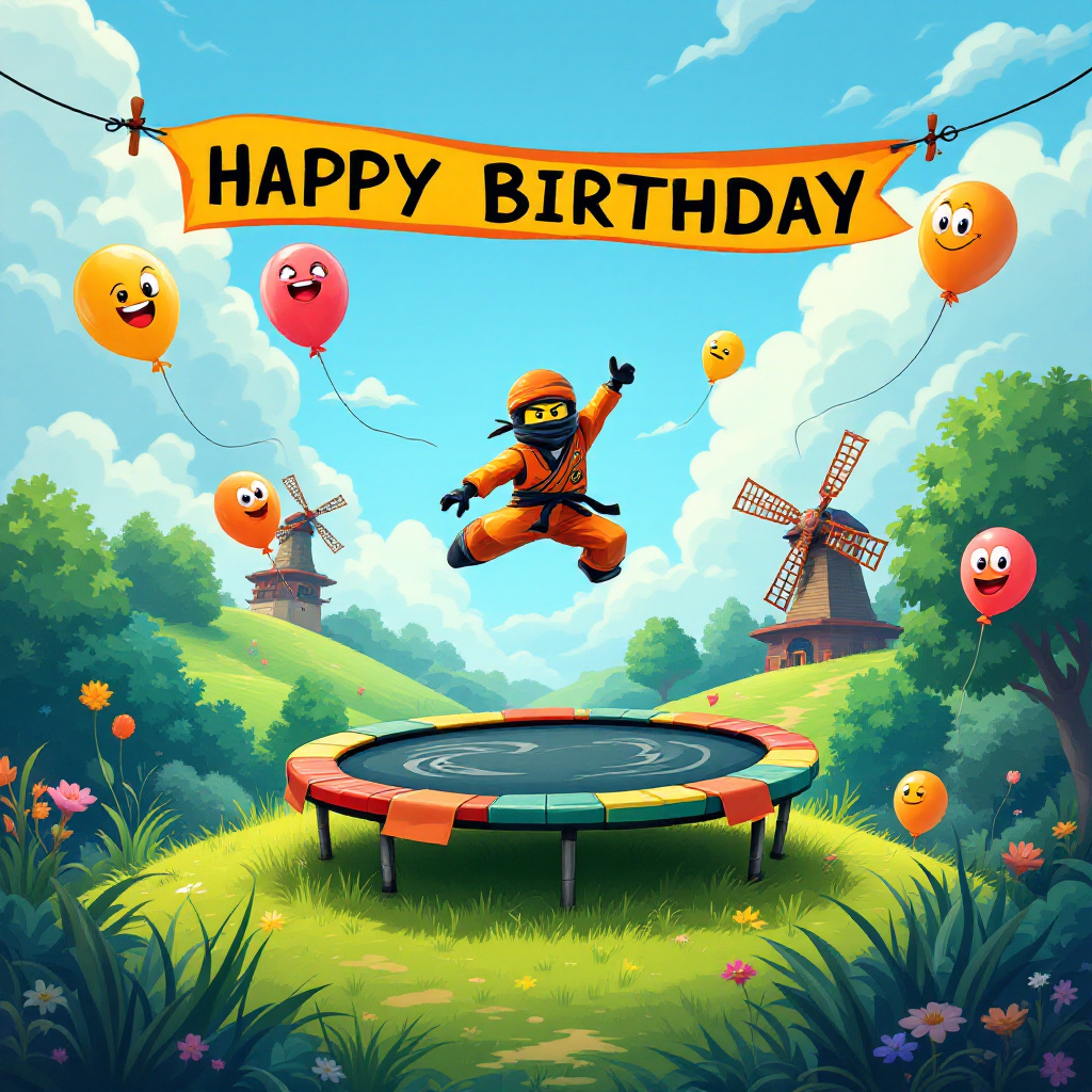 In a vibrant, dynamic cartoon scene perfect for a birthday card, the stage is set on a lush green hill with a whimsical twist. At the center, a large trampoline is placed, its fabric printed with a bold, swirling dragon design, echoing the adventurous spirit of Ninjago. Springing high off the trampoline, a Ninjago-inspired ninja character is mid-flip in an impressive aerial taekwondo kick, his masked face showing a playful grin. His outfit is a fusion of traditional Ninjago garb and a taekwondo uniform, featuring a black belt cinched tightly at the waist.

Surrounding the trampoline, several cartoonish, anthropomorphic balloons float gleefully, their expressions animated with wide-eyed excitement. Each balloon represents a different emotion or expression, reminiscent of a Gary Larson comic, their strings tangling playfully in the air. A vivid banner arcs across the sky, tied between two whimsical, old-style windmills in the distance, each with brightly colored sails spinning in the breeze. The banner reads "Happy Birthday, Rishaan!" in bold, cheerful letters, each word formed by unique Ninjago-style lettering interwoven with taekwondo icons like belts and kicking figures.

In the foreground, a curious squirrel, styled in a fashion akin to R. Crumb's exaggerated characters, is performing its own miniature taekwondo moves on a tiny trampoline, its bushy tail springing energetically. The sky above is a brilliant, cartoonish blue, with fluffy clouds forming playful shapes that suggest various elements of the scene – a ninja star here, a taekwondo belt there. A stylized sun, reminiscent of Winsor McCay’s work, beams warmly down, casting a golden hue over the entire scene. Hidden among the clouds, in a nod to classic Easter eggs from Hergé's Tintin, the word "Rishaan" can be spotted, creatively camouflaged as part of the cloud patterns, waiting to be discovered by the sharp-eyed birthday boy.
Generated with these themes: Ninjago , Taekwondo , and Trampoline.
Made with ❤️ by AI.