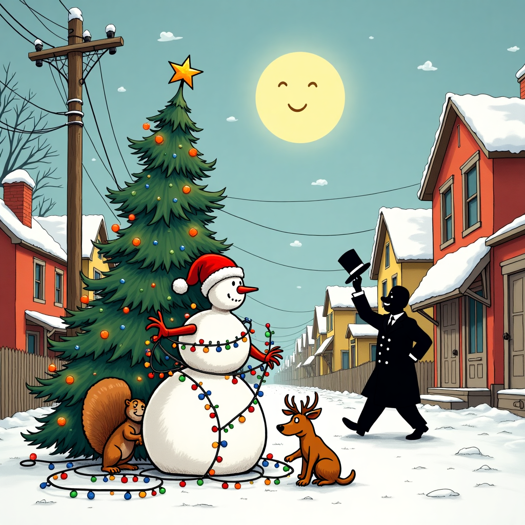 In the snowy town of Quirkville, a hilarious Christmas decorating mishap unfolds on the front of our greeting card. Picture a bustling street lined with charming, quaint houses, each one uniquely styled, reminiscent of Charles Schulz's cozy neighborhoods and Hergé's intricate townscapes. The focal point of the scene is the local squirrel gang, led by an overly ambitious squirrel sporting a Santa hat that's too large for its head. The squirrels are fervently trying to string up Christmas lights between the telephone poles in a haphazard manner reminiscent of Calvin and Hobbes' chaotic energy. Below, an astonished snowman, drawn with the expressive simplicity of R. Crumb, is caught in a tangle of multi-colored lights that wrap around his carrot nose and twigs for arms, as if they have a mind of their own. 

Nearby, a comically overdecorated evergreen tree leans heavily to one side, almost tipping over from the weight of oversized baubles and tinsel, a nod to Gary Larson’s exaggerated scenarios. In front of the tree, a mischievous dog, wearing reindeer antlers, is tangled in a string of lights, reminiscent of an Astro Boy robot that's malfunctioned. Above, a cartoonishly large, smiling full moon, an homage to Winsor McCay's dreamy landscapes, beams down approvingly, casting a whimsical glow over the scene. In the background, the silhouette of a dapper man in a vintage suit—borrowing from Will Eisner's iconic style—nonchalantly strolls by, tipping his hat to the squirrels as if to say, “Better them than me!” 

Every element is intricately detailed, capturing the playful spirit and storytelling depth of classic cartoon artistry, making this card a treasure trove of whimsical details and festive cheer.
Generated with these themes: decorating.
Made with ❤️ by AI.