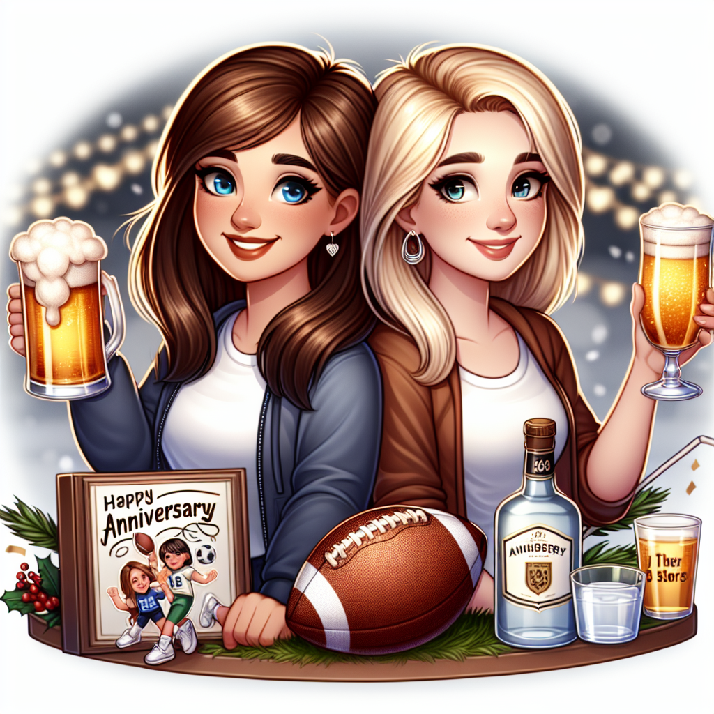 Create a detailed image of a heartfelt anniversary scene featuring a brown-haired Middle Eastern girl and a blonde-haired Caucasian girl. Both are sporting cheerful smiles, surrounded by elements that mirror their cherished interests and memories. A football sits near them, signifying their fondness for sports. In the backdrop, discreet signs of holiday decorations hint at an enthusiastic holiday season. They are raising their drinks to toast: one girl balances a pint of frothy lager, symbolizing her personal preference, and the other girl reciprocates with a glass of crisp vodka, as they symbolize their mutual affection and companionship.
Generated with these themes: Brown hair girl, Blonde hair girl, Football, Holidays, Lager, and Vodka.
Made with ❤️ by AI.