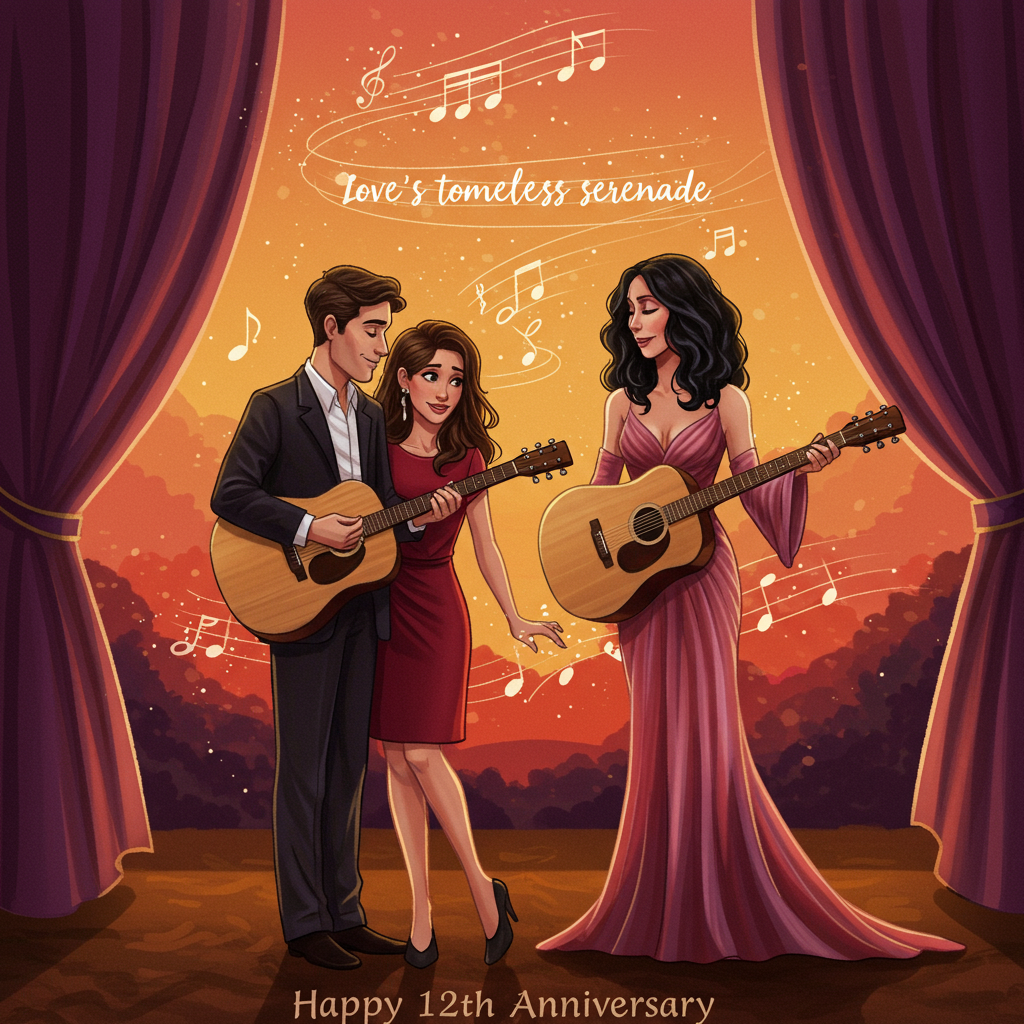 At the bottom of the Illustration Style image, the text reads: **Happy 12th Anniversary**

---

**Image Prompt:**

In the heart of a warm and enchanting scene, capture the essence of romance with an illustration that weaves together elements of silk, Cher, love, and a guitar. Picture a serenade at twilight where silky drapes dance softly in the breeze, wrapping the couple in their gentle embrace. A figure reminiscent of Cher, exuding elegance and timeless beauty, stands with a classic guitar in hand, serenading her beloved. Her flowing silk gown mirrors the hues of a sunset, casting a romantic glow.

In the foreground, the couple shares a tender glance, their eyes speaking volumes of love and the shared memories of their twelve years together. Their hands are lightly touching, a soft yet powerful connection. Around them, musical notes float in the air, spiraling upwards like a melody of love.

The color palette is warm and expressive, with shades of deep reds, purples, and golds, reflecting passion and intimacy. The fine linework and textured brush strokes add depth and character to this timeless scene. 

Subtle text within the image reads: "Love's timeless serenade."
Generated with these themes: Silk, Cher, love, guitar , and .
Made with ❤️ by AI.