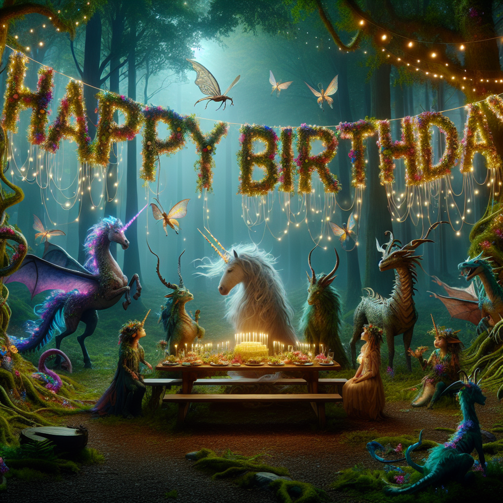 A magical illustration set in a fairytale forest, with mythical creatures like unicorns and dragons attending a birthday banquet for a child turning 13. A large, ornamental 'Happy Birthday' sign is draped across the forest canopy, made of vines and flowers, while glowing fireflies add an ethereal touch to the twilight scene.
Generated with these themes: 13th kids  .
Made with ❤️ by AI.