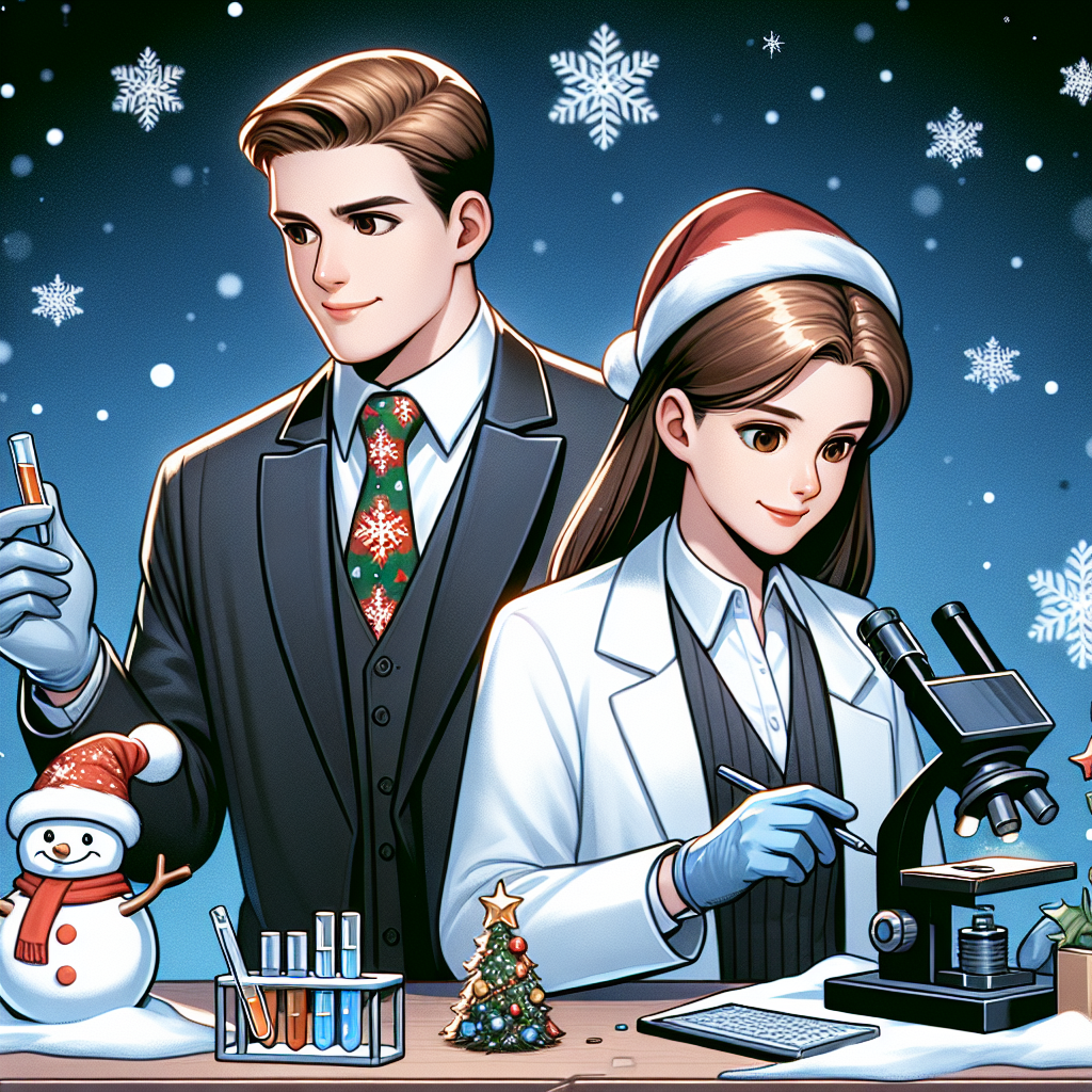 Male forex trader with white skin and short brown hair, and Female scientist with white skin and long brown hair, Snowy London, and Female scientist with white skin and long brown hair Christmas Card