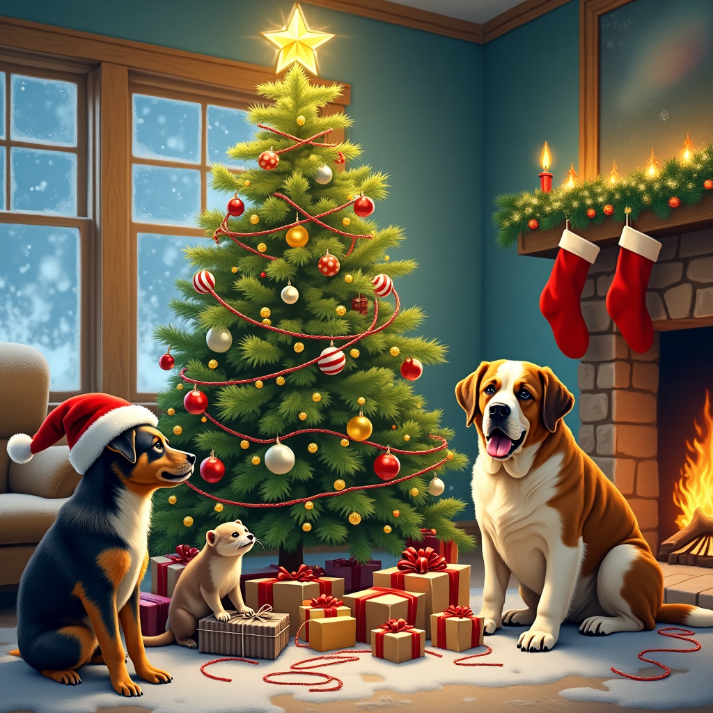 In a cozy, snow-dusted living room with frosted windows, stands a whimsically decorated Christmas tree reaching towards the ceiling. The tree is a kaleidoscope of baubles in every color, tinsel draped haphazardly by what seems to be a chaotic team effort, and a large star perched slightly askew on top. Nestled at the base of this festive fir is a trio of unlikely companions: a mischievous ferret, a stoic Bernese Mountain Dog, and a larger-than-life St. Bernard with an uncanny resemblance to the cinematic Beethoven. The ferret, named Whiskers, is tangled in a string of lights, creating a trail of twinkling chaos that spirals up the tree. Nearby, the Bernese Mountain Dog, dignified yet playful, sports a bright red Santa hat that has slipped over one ear, its fluffy tail wagging excitedly as it eyes a pile of presents wrapped in shiny paper. Beethoven, the St. Bernard, sits regally, a keg of eggnog humorously strapped under his neck with a tiny cup attached. His large, soulful eyes are transfixed on the tree as if pondering its splendor or planning his next culinary adventure. Scattered around them are crumpled sheets of gift wrap and a scattering of pine needles, adding to the sense of festive disarray. In the background, a fireplace crackles warmly, with stockings hanging above, completing this snapshot of holiday hilarity. The entire scene is framed by a bright, twinkling garland draped across the top of the card, capturing the essence of a Christmas gathering unlike any other.
Generated with these themes: Have a ferret and  a Bernesemountain dog and a St. Bernard that looks like Beethoven around a Christmas tree.
Made with ❤️ by AI.