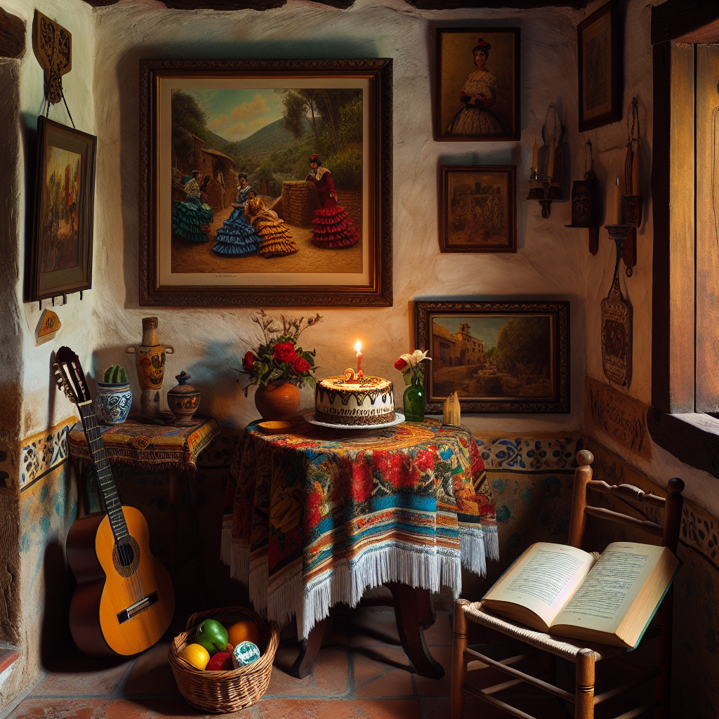 Picture a cozy corner in a charming, traditional Spanish villa. Rustic walls enclose the scene, adorned with indigenous artwork that reflects the local culture and history. A small wooden table forms the focus of the scene, meticulously arranged for a birthday celebration. An open, frequently read novel rests on the table, signalling an appreciation for literature. A tablecloth, alight with generously colored depictions of flamenco dancers, flutters gently in the warm Spanish air. In the center of it all, a beautifully decorated cake stands proud, topped with a single candle, eagerly awaiting the comforting glow of a birthday wish.
Generated with these themes: Allotment, Reading, and Spain.
Made with ❤️ by AI.