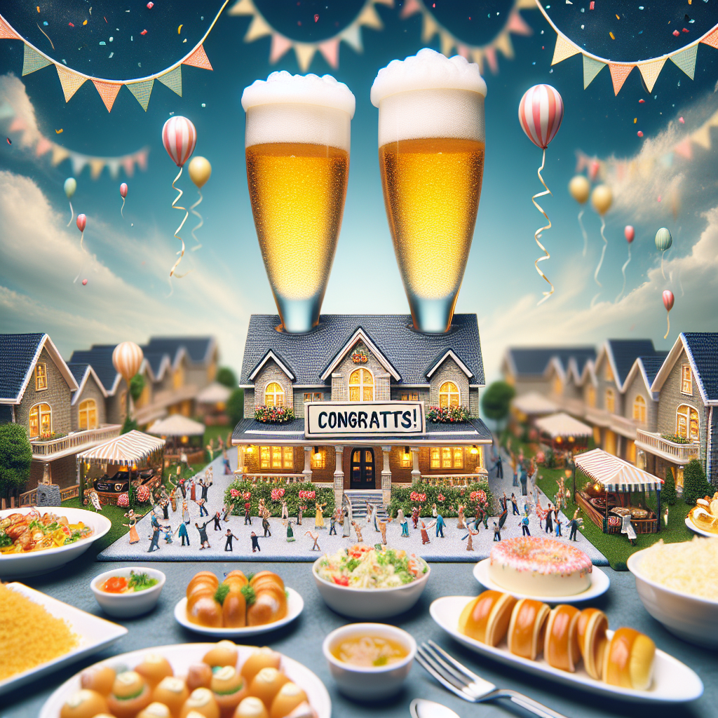 Craft an enchanting image that features a captivating new house in the center, tastefully decorated with a 'Congrats!' sign hanging on the front door. Surrounding this central figure is a miniature food festival, buzzing with activity, flaunting a wide variety of delectable dishes that create a welcoming atmosphere for the viewer. Place a pair of beer glasses in the foreground, their clinking serving as a mute testament to the joyous occasion. The sky is filled with festive balloons and streamers, amplifying the sense of communal celebration and happiness over this achievement.
Generated with these themes: New home, Food, Beers, and Festival .
Made with ❤️ by AI.