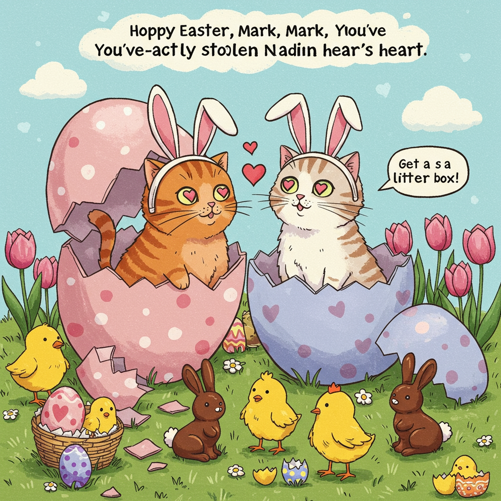 **Prompt:**

At the top of the illustration image, write: *Hoppy Easter, Mark — You’ve eggs-actly stolen Nadin’s heart!*

Illustration Description:  
Create a whimsical and colorful Easter scene featuring two cartoon-style cats, Mark and Nadin, sitting in a giant pastel Easter egg that’s cracked open like a romantic gondola. Nadin, a fluffy white cat with heart-shaped pupils, lovingly gazes at Mark — a dashing ginger tabby wearing bunny ears that are slightly askew. Nadin also wears oversized bunny ears, with one ear flopped over. Around them, little chicks and chocolate bunnies look shocked or swoon in admiration.

Add silly details like decorated eggs with cat faces on them, tulips growing in the shape of hearts, and a speech bubble from a jealous chick saying, "Get a litter box!" The whole vibe is playful, over-the-top romantic, and ridiculously festive.
Generated with these themes: Two cats in love. The male cat is called Mark, the female cat is called Nadin. Nadin is in love with Mark.
Made with ❤️ by AI.