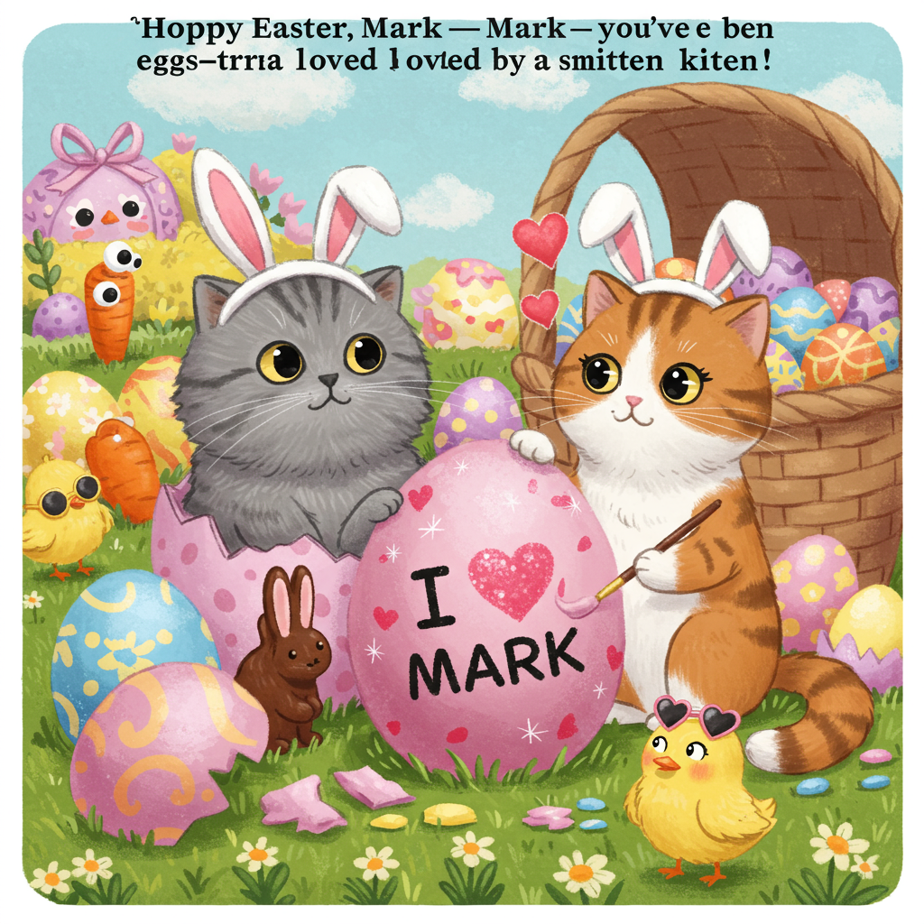 **Prompt for the image:**

At the top of the illustration image: *Hoppy Easter, Mark—you’ve been eggs-tra loved by a smitten kitten!*

Create a whimsical and funny Easter-themed illustration in a colorful, cartoonish style. The scene features two cats: a fluffy grey male cat named Mark wearing bunny ears slightly askew and looking adorably bewildered, and a calico female cat named Nadin gazing dreamily at him with hearts floating around her head. They're surrounded by oversized decorated Easter eggs, spring flowers, and tiny chick sidekicks wearing sunglasses. In the background, a large Easter basket is bursting with pastel goodies and one very suspicious-looking carrot with eyes. Nadin is painting a giant egg with “I ♥ Mark” in pink sparkly letters, while Mark sits in it like an Easter surprise, half-blushing and holding a chocolate bunny. The tone is playful, punny, and irresistibly cute.
Generated with these themes: Two cats in love. The male cat is called Mark, the female cat is called Nadin. Nadin is in love with Mark.
Made with ❤️ by AI.