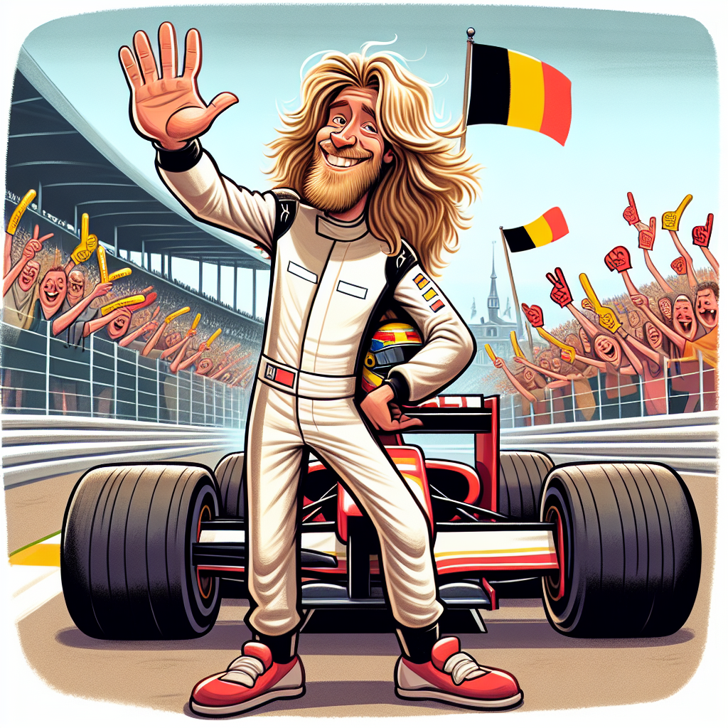 Create a comical illustration of a long-haired, blonde man dressed in a racing uniform, waving goodbye with a cheerful smile. This person is standing next to a quirky Formula 1 car with humorously oversized wheels. They are at a race track, with a recognizable curve in the background, commonly associated with the Belgium Grand Prix circuit; this curve should be presented as a caricature, for added fun. The background is filled with joyful spectators, each one waving foam fingers and the Belgian national flags, setting a festive, farewell atmosphere at the event.
Generated with these themes: Formula 1, Red Bull Racing, Belgium, Blonde guy, and Long hair.
Made with ❤️ by AI.