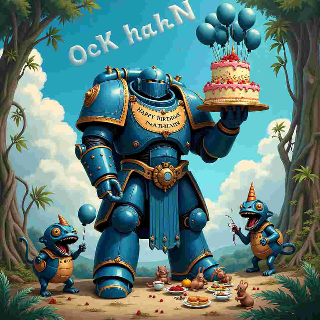 In a whimsical fusion of Warhammer 40k and classic storytelling, the scene unfolds on an alien world that humorously blends the grim with the celebratory. At the center stands a towering, intricately detailed Space Marine clad in regal blue armor, meticulously inspired by Beardsley's elaborate linework, holding a birthday cake aloft. The cake is lavishly decorated with a "Happy 30th Birthday Nathan" banner, its frosting resembling the galactic patterns seen in a Doré celestial engraving. In the background, Maurice Sendak-like mischievous aliens with exaggerated features are seen playfully scuttling around, each holding blue balloons that float into a clouded sky reminiscent of a Maxfield Parrish painting. One of these clouds is cheekily shaped into the letters spelling out "Nathan," subtly blended into the blue sky. The foreground is rich with Rackham-esque foliage, intertwining with mechanical elements like gears and wires, as tiny, Beatrix Potter-inspired critters curiously inspect the armored giant and his cake. The ground is peppered with Quentin Blake-style illustrated plants that have exaggerated, wobbly lines, adding a playful touch to the scene. Nearby, a table set for a birthday feast is laden with futuristic treats, juxtaposed with Wyeth's robust depictions of rustic abundance. It's a captivating tableau that merges high fantasy with birthday cheer, each element meticulously designed to celebrate Nathan's milestone in an epic, intergalactic style.
Generated with these themes: Warhammer 40k  blue , and Happy 30th birthday. .
Made with ❤️ by AI.