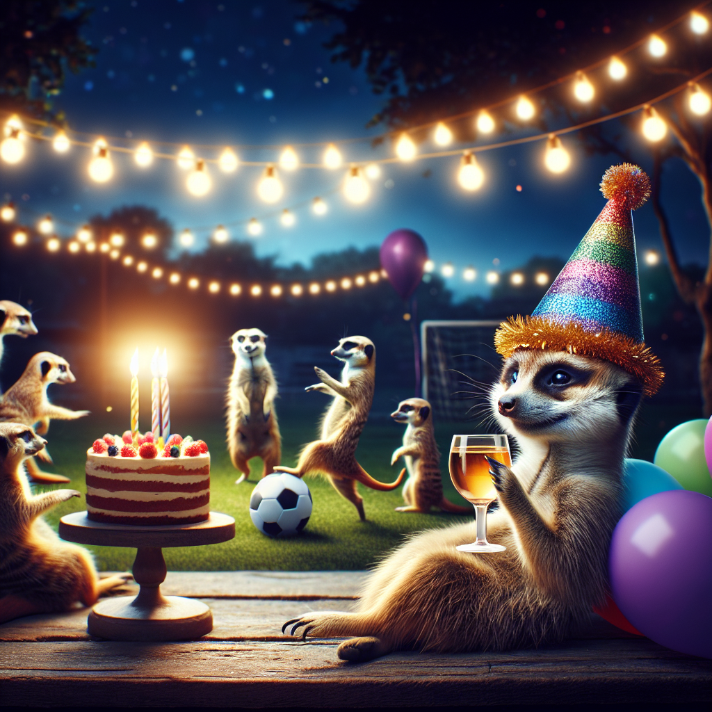 Create a comforting outdoor birthday party scene situated in the twilight glow. The focus is a group of playful meerkats involved in an amusing football game, while a joyous cat, bejeweled with a radiant rainbow-colored party hat, lounges nearby enjoying a glass of wine held in its paw. The distant backdrop features hints of insouciant merriment, including an array of floating balloons, a delicious birthday cake perched on a table, and fairytale strings of lights zigzagging between trees, illuminating the surroundings with a warm, festive glow.
Generated with these themes: Meerkats, Football, Cats, and Wine.
Made with ❤️ by AI.