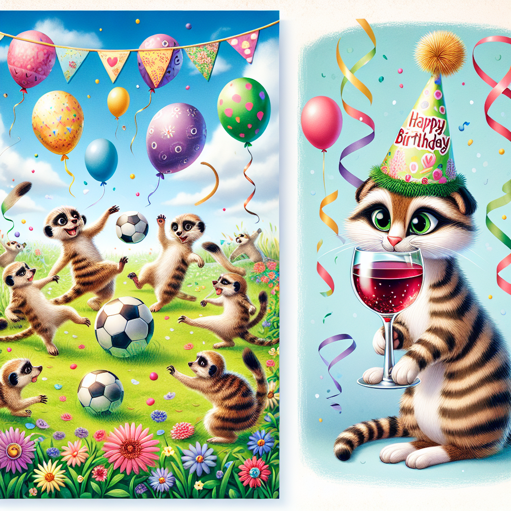 Imagine a charming birthday-themed illustration featuring a group of playful meerkats engaging in a spirited game of football in a blooming, green field. Beside this lively scene, there is a patterned tabby cat donned in a festive party hat who seems thrilled by the ongoing game, delighting in sipping from a stemmed glass filled with crimson wine. Complete this birthday setting with colorful balloons and streaming ribbons gracefully arranged in the upper corners, contributing to the joyous atmosphere.
Generated with these themes: Meerkats, Football, Cats, and Wine.
Made with ❤️ by AI.