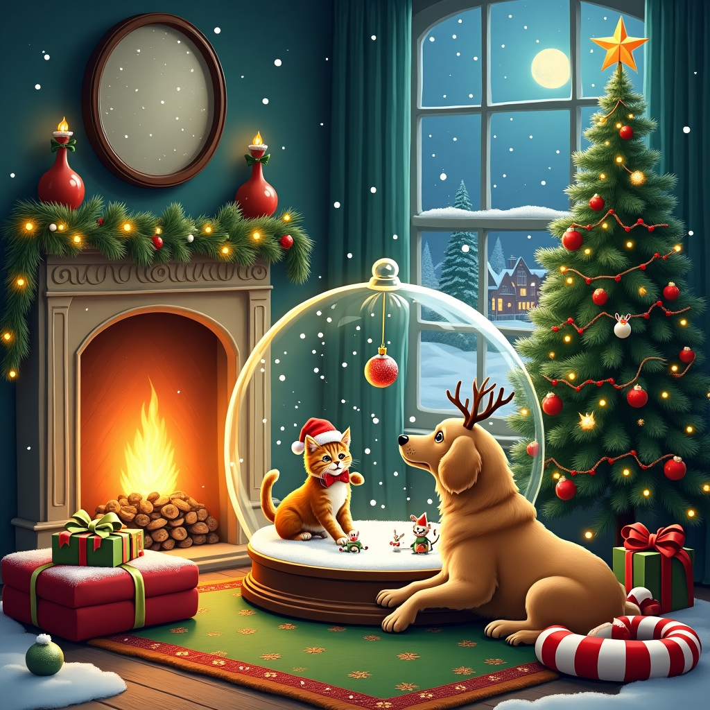 In the center of the card, a whimsical, oversized snow globe takes stage, its glass surface sparkling with tiny flecks of iridescent glitter reminiscent of a frosty winter morning. Inside the globe, a cozy, vintage-style living room scene unfolds, featuring a classic Victorian fireplace adorned with a lush garland of pine, holly, and twinkling fairy lights. The hearth glows warmly with a crackling fire, casting a soft golden light on a festive green and red patterned rug sprawled across the floor.

In front of the fireplace, a mischievous tabby cat wearing a Santa hat is curiously batting at a dangling ornament from a beautifully decorated Christmas tree. The tree stands proudly to the right, lavishly dressed in baubles, ribbons, and twinkling lights that mimic the shapes of stars and snowflakes. Nestled among the branches, a small group of toy mice, some wearing tiny Santa suits and others in elf costumes, appear to be engaged in a playful game of hide and seek with the cat.

To the left of the fireplace, a fluffy golden retriever, donning a pair of reindeer antlers and a red bow tie, lies contentedly on a plush cushion shaped like a giant candy cane. His eyes are focused intently on the cat's antics, and beside him, an open gift box reveals an assortment of chewy bones and colorful balls.

The scene is framed by a snowy window, where gentle snowflakes dance against a midnight blue sky dotted with stars. Outside, a glimpse of a quaint, snow-covered village is visible, with rooftops twinkling under the moonlight and smoke curling from the chimneys. This captivating holiday scene, enclosed within the snow globe's shimmering embrace, creates a charming story of feline curiosity and canine companionship, a perfect blend of Christmas cheer and playful mischief.
Generated with these themes: cat and dog.
Made with ❤️ by AI.