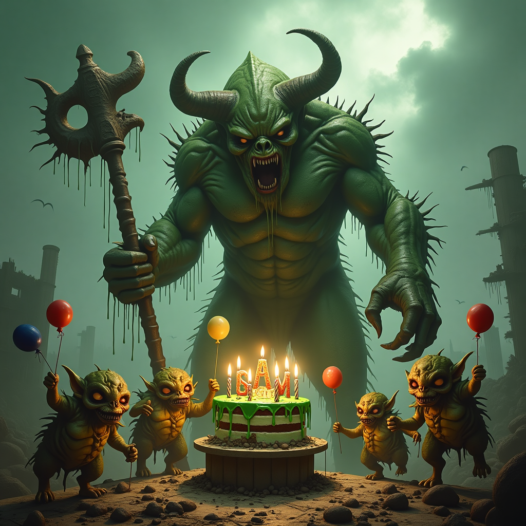 The greeting card front cover depicts a hyper-realistic birthday scene set within a fantastical, dystopian Warhammer universe landscape. The foreground features a grandiose Great Unclean One, a colossal daemon entity with intricately detailed, putrescent skin in varying hues of sickly green and brown, speckled with pustules and decay. Its towering figure looms over the scene, holding a large, gnarled, rust-covered staff with one hand.

Around the base of the Great Unclean One, a swarm of Nurglings, impish and mischievous, caper gleefully. Each Nurgling is uniquely detailed, with warty, mottled skin in shades of green and yellow, some with tiny horns or one-eyed faces. They clutch miniature balloons, each a vivid, contrasting color like red, blue, or yellow, adding an unsettling whimsy to the scene.

In the mid-ground, a group of Poxwalkers, zombies with grotesquely exaggerated features, shuffle forward. Their decaying flesh and tattered clothing reveal sinew and bone beneath, captured in disturbing, lifelike detail. Their eyes are hollow, with a faint, eerie glow, set against a background of a ruined, darkened battlefield, littered with debris and the remnants of twisted metal structures.

The sky overhead is an ominous, stormy gray, tinged with streaks of sickly green clouds swirling ominously. Within these clouds, subtly hidden yet legible, is the name "Sam" in ethereal, wispy letters as if crafted from the mist itself, visible enough to stand out but seamlessly integrated into the cloud patterns.

Amidst the chaos, a solitary cake sits untouched, precariously placed atop a stone slab. The cake is grotesquely decorated, covered in vibrant green icing with drips that resemble oozing slime. Atop the cake are candles in the shape of tiny Warhammer figurines, each intricately detailed to resemble iconic elements from the game, creating a contrast of dark fantasy against the festive tradition of a birthday cake.
Generated with these themes: Warhammer, Nurgle, Pox walkers, Great unclean one , and Nurgling .
Made with ❤️ by AI.