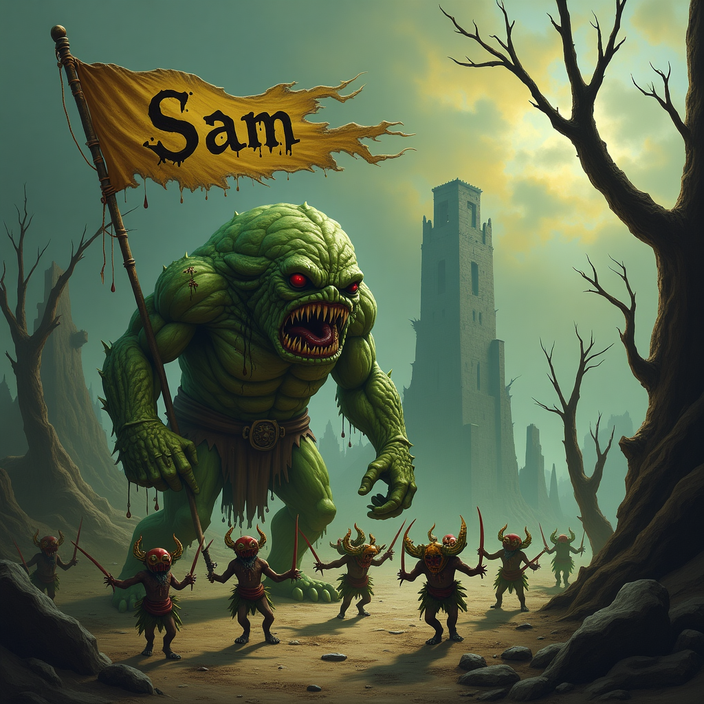 The scene is set in a vast, shadowy landscape reminiscent of a Warhammer battlefield, with jagged rocky terrain and twisted, leafless trees under a murky, overcast sky. The color palette is dark and earthy, with shades of deep green, rust, and sickly yellows dominating the scene. 

In the foreground, a large, imposing figure of a Great Unclean One stands, its grotesque form dominating the scene. The creature is depicted with lifelike details—flesh sagging with boils and pustules, a maw filled with sharp, jagged teeth, and one large, menacing eye staring forward. Its skin is a putrid green, slick with ooze, and covered in open sores.

Surrounding the Great Unclean One are several Poxwalkers, their gaunt forms shuffling amidst the chaos. Their skin is pallid and blotchy, with tattered clothes hanging from their decrepit bodies. Each Poxwalker carries crude weapons, rusted and jagged, with expressions of mindless determination etched on their faces.

Dancing around the feet of the Great Unclean One are mischievous Nurglings. These small, impish creatures are depicted with vibrant shades of green and yellow, their little bodies covered in warts and tiny horns. They are caught in mid-frolic, some playfully clambering over each other, others poking at the Poxwalkers with tiny sticks.

In the background, a twisted banner flutters in the acrid wind, tethered to a crooked pole. The banner is emblazoned with the name "Sam" in dripping, bile-colored letters, appearing as though it was hastily painted with a gnarled brush. The edges of the banner are tattered and stained, blending seamlessly with the grim setting.

Looming in the backdrop are towering, dilapidated ruins, casting long shadows over the eerie scene. A few clouds hover in the sky, tinged with sickly hues of yellow and green, reflecting the corruption of Nurgle's influence across the land.
Generated with these themes: Warhammer, Nurgle, Pox walkers, Great unclean one , and Nurgling .
Made with ❤️ by AI.