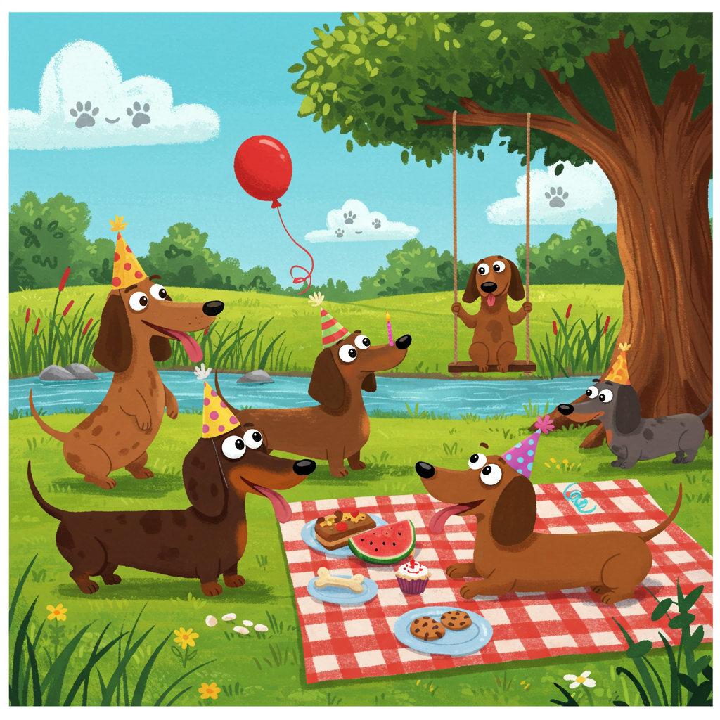 Picture a vibrant, animated scene bursting with life and whimsy. A group of dachshunds—each with exaggeratedly elongated bodies and comically large, floppy ears—are gathered in a lush, sun-dappled backyard. Their fur comes in various playful shades of caramel, chocolate brown, and dappled gray, each one distinct in its unique pattern. 

In the background, a cheerful creek meanders through the landscape, its water depicted with rippling lines and soft hues of turquoise and sky blue. Alongside the creek, tall, wavy blades of grass sway gently, painted in an array of vibrant greens, accentuated with occasional pops of wildflowers in reds, yellows, and purples. 

In the foreground, one dachshund stands on its hind legs, balancing a colorful party hat—complete with polka dots—atop its head. Its tongue lolls out, adding a touch of silliness to the character. Another dachshund, with exaggerated, expressive eyes, playfully chases after a vibrant red balloon tied with a curly ribbon, which dances in the breeze just out of reach.

A third dachshund lies belly-up on a picnic blanket—a red-and-white checkered classic—scattered with a whimsical assortment of treats: an oversized bone-shaped cookie, a tiny cupcake with sprinkles, and a comically large slice of watermelon, seeds and all.

Behind them, a tree with a robust trunk and lush canopy casts soft shadows, its leaves depicted with intricate line work. A swing hangs from one of its sturdy branches, swaying slightly as if inviting one of the dachshunds for a ride. 

Above, the sky is a clear, bright azure, dotted with fluffy white clouds, each one curiously shaped like playful objects—a bone, a paw, a heart—adding an element of surprise and delight to the scene.

Incorporating influences from artists like Charles Schulz and Bill Watterson, the dachshunds' expressions and interactions are captured with exaggerated features and expressive lines, creating a lively tableau that invites viewers to linger and explore each whimsical detail.
Generated with these themes: Group of Dachshunds having fun in an idyllic backyard near a creek.
Made with ❤️ by AI.