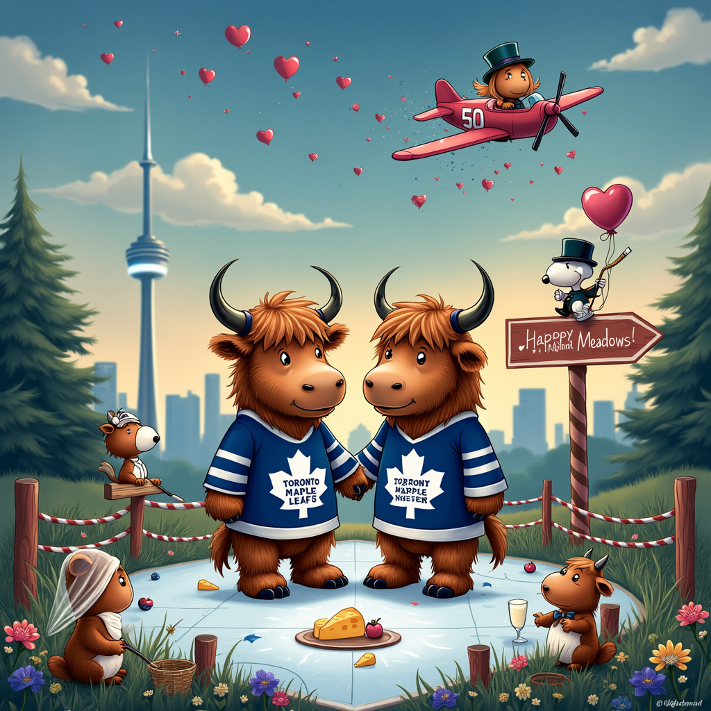 In a whimsical, lush meadow set against a surreal backdrop of the Toronto skyline, a celebration unfolds. The CN Tower looms in the distance, adorned with floating hearts and whimsical balloons in blue and white— the colors of the Toronto Maple Leafs. A highland cow couple, adorned in hockey jerseys with the Maple Leafs logo, stands proudly at the center. Their long, shaggy coats are brushed to a gleaming finish, and they gaze lovingly at each other with cartoonishly large eyes. The cow on the left sports a blue jersey with the number "50" in honor of their golden anniversary, while the other cow wears a white jersey with "Years Together" scripted in elegant, swirling letters.

Surrounding them, miniature highland cows, their offspring, frolic with hockey sticks, playing an impromptu game on a rink made of sparkling, crystalline ice that reflects the colors of a twilight sky. The ice rink is bordered by a fence of candy-cane striped posts, adding a touch of fantasy.

On the side, Snoopy-like characters (inspired by Charles Schulz) sit on a patchwork quilt having a picnic, with baskets overflowing with gourmet cheese and hay treats. Each character wears a Maple Leafs cap, and they toast with glasses of milk.

Above, a cartoonish airplane piloted by a quirky, anthropomorphized beaver waves a banner that reads "Happy Anniversary!" in bright, colorful letters. The airplane trails whimsical, fluffy clouds shaped like hearts, which sprinkle confetti down upon the scene.

A pair of lovebirds, one wearing a tiny top hat and the other a miniature veil, perch on a signpost that reads "Toronto" and "Highland Meadows" in opposing directions, giving a nod to the unique blend of themes.

The entire scene is framed by a border of intertwining hockey sticks and wildflowers, creating a harmonious blend of the rugged and the romantic, in a style that pays homage to the great cartoonists while remaining uniquely its own.
Generated with these themes: Toronto maple leafs, and Highland cows.
Made with ❤️ by AI.