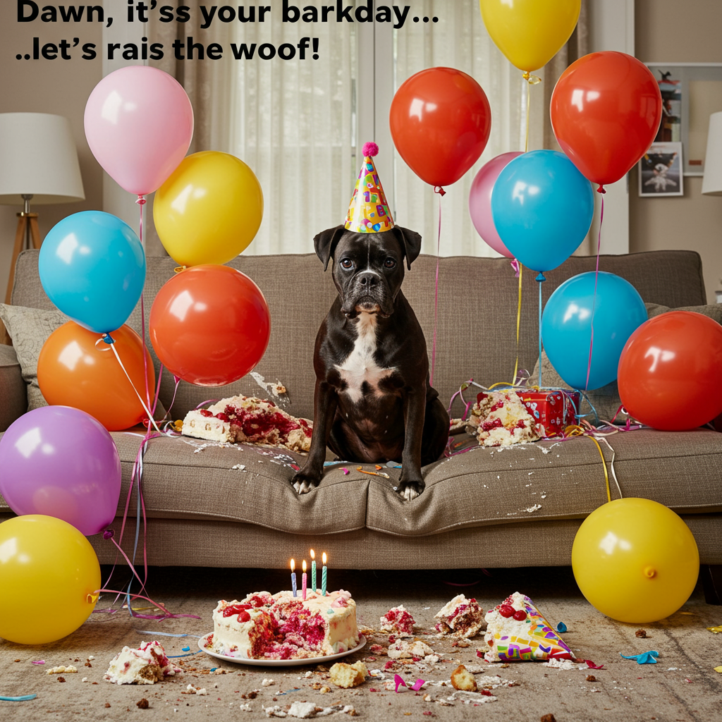 At the top of the realistic photograph image: *"Dawn, it's your bark-day... let's raise the woof!"*

**Image Prompt:**  
A high-resolution, realistic photograph of a mischievous black boxer dog sitting proudly on a living room couch that's been hilariously overrun by colorful birthday balloons — some tied to its collar, others floating wildly around the room. The dog wears a party hat slightly askew and has an expression of both confusion and excitement, like it's unsure if it's in trouble or the life of the party. Behind it, there’s a toppled cake on the floor, with paw prints leading to the mess. The scene is well-lit with natural daylight, capturing every hair, balloon reflection, and frosted detail — a funny moment frozen in glorious canine chaos.
Generated with these themes: Black boxer dog with balloons.
Made with ❤️ by AI.