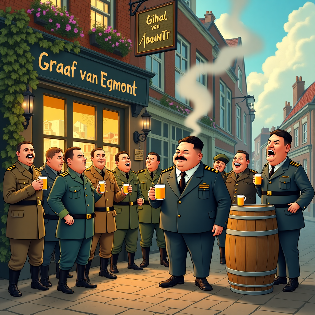 In this whimsically surreal illustration, set against the backdrop of an old-world European street, we find a captivating scene unfolding outside the whimsically named pub "Graaf van Egmont." The central figure, a European-looking man with the sartorial flair reminiscent of Kim Jong-un yet sporting the unmistakable, sculpted hair of Adolf Hitler, stands confidently as he leans against a weathered wooden barrel. With one hand, he casually holds a cigarette, its smoke swirling upwards in curlicues that creatively spell out "Dolfke" in the sky, like a mischievous nod from the universe itself. In his other hand, he holds a frothy mug of beer, its golden hue catching the warm light spilling from the pub's quaint windows.

Around this central figure, a cadre of soldiers, clad in an eclectic mix of vintage uniforms—some with comically oversized buttons and epaulettes—form a jovial semicircle. Each soldier clutches a drink, their mugs clinking together in a moment of camaraderie. Their faces are a study in varying expressions of bemused amusement, with one soldier, notably taller than the rest, offering a hearty, contagious laugh that reverberates through the group.

The pub itself, "Graaf van Egmont," stands with an inviting charm, its brick facade adorned with ivy tendrils creeping up towards the second-floor windows. A wooden sign swings above the entrance, its lettering in a whimsical, almost storybook font. In the background, a cobblestone street winds its way past quaint lamp posts and flower boxes brimming with vibrant blooms.

The scene is infused with an undeniable touch of whimsy, reminiscent of Quentin Blake’s lively strokes and Beatrix Potter's storytelling charm, while subtly echoing the intricate detail of Gustave Doré. The combination of these eclectic elements creates a tableau that tells an unexpected story, where historical anachronism meets a modern pub setting, tied together with the playful presence of "Dolfke" in the cigarette smoke.
Generated with these themes: Central figure: a European looking men dressed like and figure of Kim Jong-un and hairdress of Adolf Hitler, The central figure is smoking a cigarette and drinks beer, Soldiers who are also drinking surrounding the central figure, and In the background a pub with the name "Graaf van Egmont".
Made with ❤️ by AI.