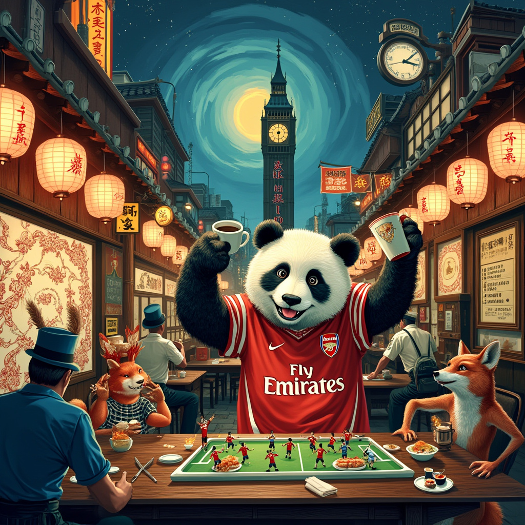 In the bustling heart of a whimsical Tokyo street, vibrant neon signs illuminate the night with characters from the city’s iconic culture mingling in curious camaraderie. Amidst this lively scene stands a traditional, wooden izakaya, its paper lanterns casting a warm, inviting glow. Inside, at a low table, sits a jubilant character—a panda, clad in an oversized Arsenal jersey, its fur contrasting humorously with the shirt's bold red and white. In one paw, it clutches a frothy mug of whisky high above its head in celebration, while its other paw rests affectionately around the shoulder of a charming, animated Big Ben, which sports a stylish top hat and monocle, reminiscent of Beatrix Potter’s anthropomorphic characters.

This scene unfolds beneath a swirling sky painted in the dreamlike hues of Maxfield Parrish, with Tokyo Tower visible in the background, strikingly adorned in Arsenal colors as if in solidarity. Above, a banner flutters with Arsenal's emblem, celebrating the surreal friendship below. On the table, beside a delicate plate of sushi, lies a miniature football field, where tiny samurai figures and English bobbies engage in a spirited match using a whisky bottle cap as the ball.

Around this central scene, a hodgepodge of characters animate the space, inspired by Maurice Sendak's whimsical creatures: a fox in a bowler hat raises a toast, while a pair of mischievous tanuki playfully swap a football and a bowl of whisky. In the foreground, Edward Gorey-esque creatures—dapper and slightly macabre—peer curiously from behind intricately inked Beardsley-style floral patterns, adding layers of storytelling to the bustling scene. The entire illustration teems with quirky details and lively interactions, inviting the viewer into a fantastical blend of cultures, sports, and celebratory revelry.
Generated with these themes: Tokyo , Arsenal , London , and Whisky.
Made with ❤️ by AI.