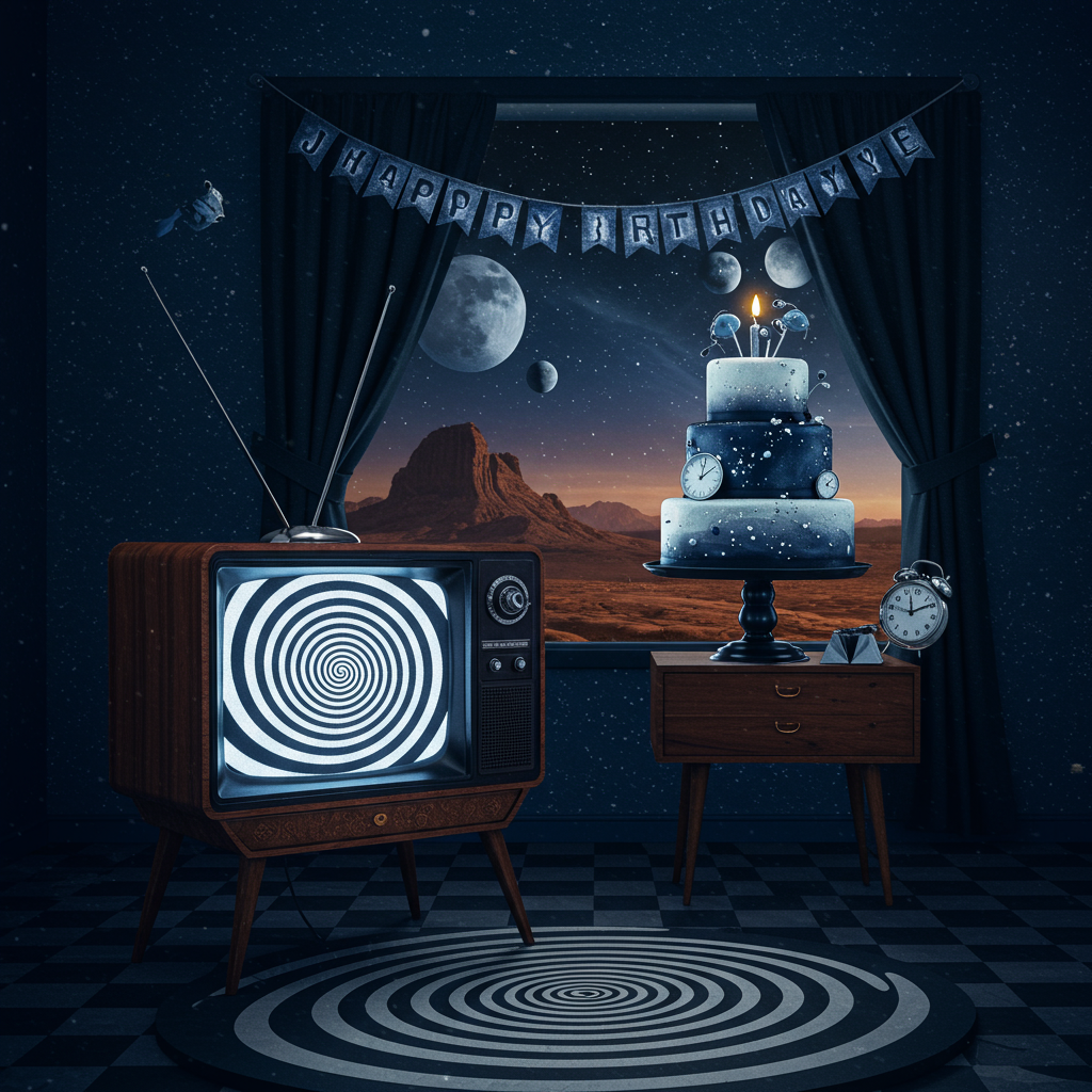 Front and center, the card features an enigmatic vintage television, its screen flickering with swirling black and white spirals reminiscent of "The Twilight Zone" opening. The TV is placed on a wooden, retro-styled table, its surface adorned with intricate carvings of stars and clock faces. 

In the background, the scene unfolds in a room where the walls are painted in deep, inky shades of midnight blue, resembling a cosmic night sky. Silver stars and nebulae patterns are subtly embedded into the wallpaper, catching the light and creating an ethereal glow.

Hovering above the table, a three-tiered birthday cake floats mysteriously in the air, its tiers delicately frosted in shades of shadowy black and shimmering silver, with accents of deep purple. Each layer is adorned with small, clock-like fondant decorations and tiny spiral galaxy designs. 

Perched at the very top of the cake is a single candle, its flame flickering and casting dancing shadows on the surrounding area. 

To the right, a whimsical vintage pocket watch hovers mid-air, its hands frozen at five minutes to midnight, symbolizing the timeless nature of the Twilight Zone. 

In the distance, the scene opens up to reveal a window framed with heavy, dark drapes. Through the glass, an otherworldly landscape is visible: a barren desert under a stark, star-laden sky with two moons hovering above the horizon.

On a small banner strung between the moons in the background, the name "John" is boldly inscribed in gleaming silver letters, almost appearing as if suspended in the vastness of space.

On the floor, the distinctive pattern of the iconic Twilight Zone swirls seamlessly merges into a checkered black and white pattern, drawing the viewer's eye into the heart of this surreal birthday universe.
Generated with these themes: rod Serling twilight zone episodes.
Made with ❤️ by AI.
