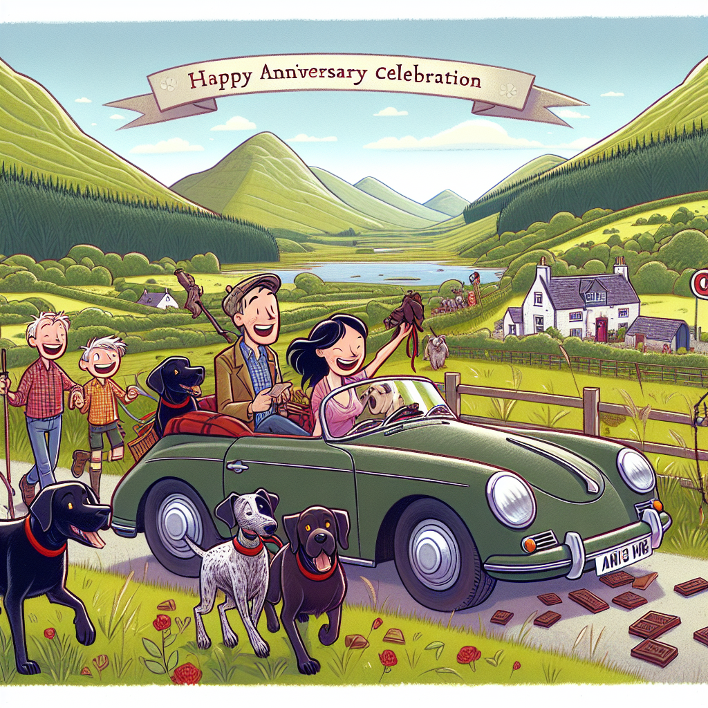 Illustrate an anniversary celebration of an animated family taking an adventure across the verdant landscapes of Scotland. The family's pets, a Black Labrador and a German Shorthaired Pointer, excitedly lead the way through the highlands. The family experiences a series of funny encounters with an old Porsche car having difficulty climbing up the hill. The visual narrative is filled with laughter, scenes of the family sharing chocolate biscuits, and interactive moments with their pets. This whimsical cartoon scene should encapsulate the joy of a family, the amusement of their journey in nature, and an array of comedic aspects to keep viewers entertained.
Generated with these themes: Arsenal, Chocolate Biscuits, Black Labrador , Walking, Family, Porsche , Scotland, and German shorthaired pointer.
Made with ❤️ by AI.
