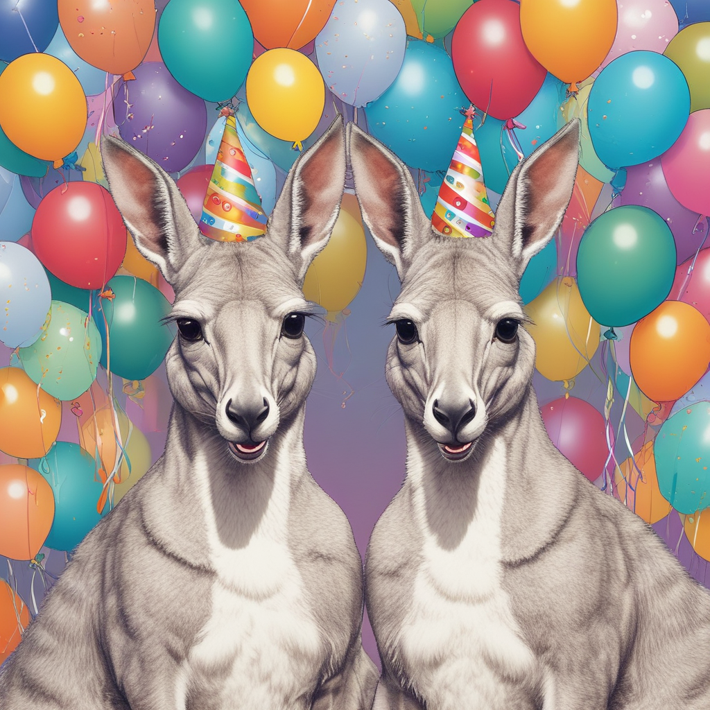 Illustration Funny, An amusing image suitable for a birthday card that exhibits two kangaroos as twins, both adorning party hats. One of the twins is embellished with a bridal veil, implying that she is the bride-to-be. The kangaroos are encompassed by an array of colorful balloons and paper streamers, adding to the festive environment. The notable Sydney Opera House, a recognizable landmark, forms the backdrop of the image, unmistakably signifying the Australian setting. Tucked in one corner of the image, two cozily laid out sleeping bags along with pillows are displayed, suggesting the setting of a fun-filled sleepover.
Generated with these themes: Like my twin, Australia, Sleepovers, and Bride to be.
Made with ❤️ by AI.