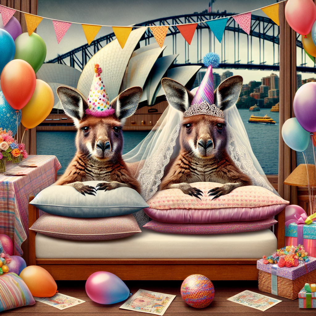An amusing image suitable for a birthday card that exhibits two kangaroos as twins, both adorning party hats. One of the twins is embellished with a bridal veil, implying that she is the bride-to-be. The kangaroos are encompassed by an array of colorful balloons and paper streamers, adding to the festive environment. The notable Sydney Opera House, a recognizable landmark, forms the backdrop of the image, unmistakably signifying the Australian setting. Tucked in one corner of the image, two cozily laid out sleeping bags along with pillows are displayed, suggesting the setting of a fun-filled sleepover.
Generated with these themes: Like my twin, Australia, Sleepovers, and Bride to be.
Made with ❤️ by AI.