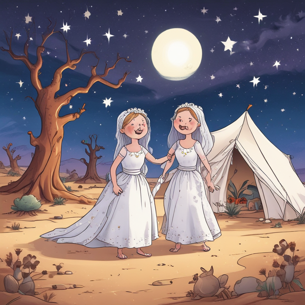 Illustration Funny, An image set in the Australian outback under a sky adorned with stars. Two identical cartoon characters, representing twins, are having a birthday sleepover. One twin, in a humorous twist, is trying on a bridal dress, veil, and a sash that reads 'bride to be'. The other twin is giggling at this sight. The ground beneath them is strewn with sleeping bags and various festive decorations for a birthday celebration. In the distant background, unmistakable silhouettes of notable Australian landmarks are subtly depicted.
Generated with these themes: Like my twin, Australia, Sleepovers, and Bride to be.
Made with ❤️ by AI.