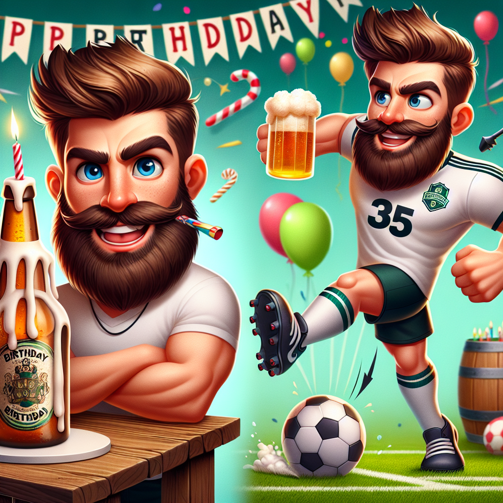 Generate a captivating image of a cartoon birthday celebration teeming with cheerfulness. focus on a handsome, bearded character exuding coolness. This character is fashionably clad in a soccer uniform, demonstrating finesse as he skillfully dribbles a soccer ball. In contrast to this, a part of the image portrays him holding a rugby ball, positioning himself to sprint. The surrounding ambiance is filled with adorable birthday decorations, contributing to the joyful scenario. At the core of this lively scene, place an imaginatively styled birthday beer bottle, complete with a candle on top. The image should harmoniously blend elements of athleticism and leisure, directed at an audience equally enthusiastic about both sports and a good brew.
Generated with these themes: Soccer, Rugby , Beer, Beard, Cool, Handsome , and Fast.
Made with ❤️ by AI.