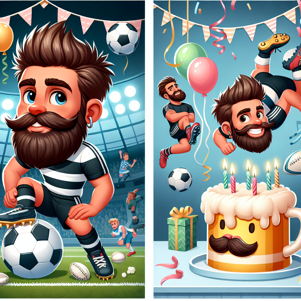 Illustrate a jovial and adorable cartoon birthday scenario. In focus is a fashionable bearded character exuding coolness and handsomeness. He exhibits swift moves throughout the party scene. He dons a soccer outfit and is preparing to hit a ball into a goal with gusto. Simultaneously, an image adjacent to this depicts the same character earning a try in a rugby game. The setting is adorned with lively birthday ornaments, balloons, and streamers upholding a sports theme. The centerpiece is a frosted cake in the shape of a beer mug with candles, signifying a festive moment catering to sports enthusiasts with a typical sense of fun.
Generated with these themes: Soccer, Rugby , Beer, Beard, Cool, Handsome , and Fast.
Made with ❤️ by AI.