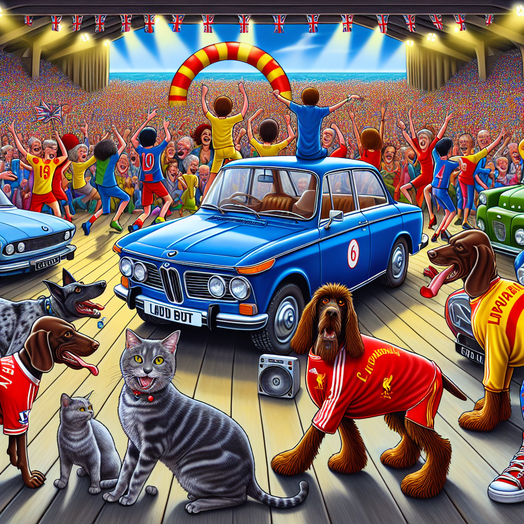 Imagine a lively cartoon-style birthday theme filled with an essence of vibrant, saturated colors. It's illuminated by the rhythmic beats of Northern soul music, setting a buoyant mood. The scene exhibits caricatures of classic cars, particularly an old BMW and a blue Range Rover, being used as quirky vehicles by several animated characters attending the party. Amid the ecstatic crowd, observe a group of energetic pets. This congregation includes a liver-colored German Wirehaired Pointer, a cunning grey tabby cat, and two jubilant Weimaraners. Notably, they are dressed in Liverpool football jerseys, exuding style as they cheer and groove to the music in the heart of the celebration.
Generated with these themes: Northern soul , Bmw, Blue range rover , Liver coloured German wirehaired pointer , Grey tabby cat, 2 Weimaraners, and Liverpool football team .
Made with ❤️ by AI.