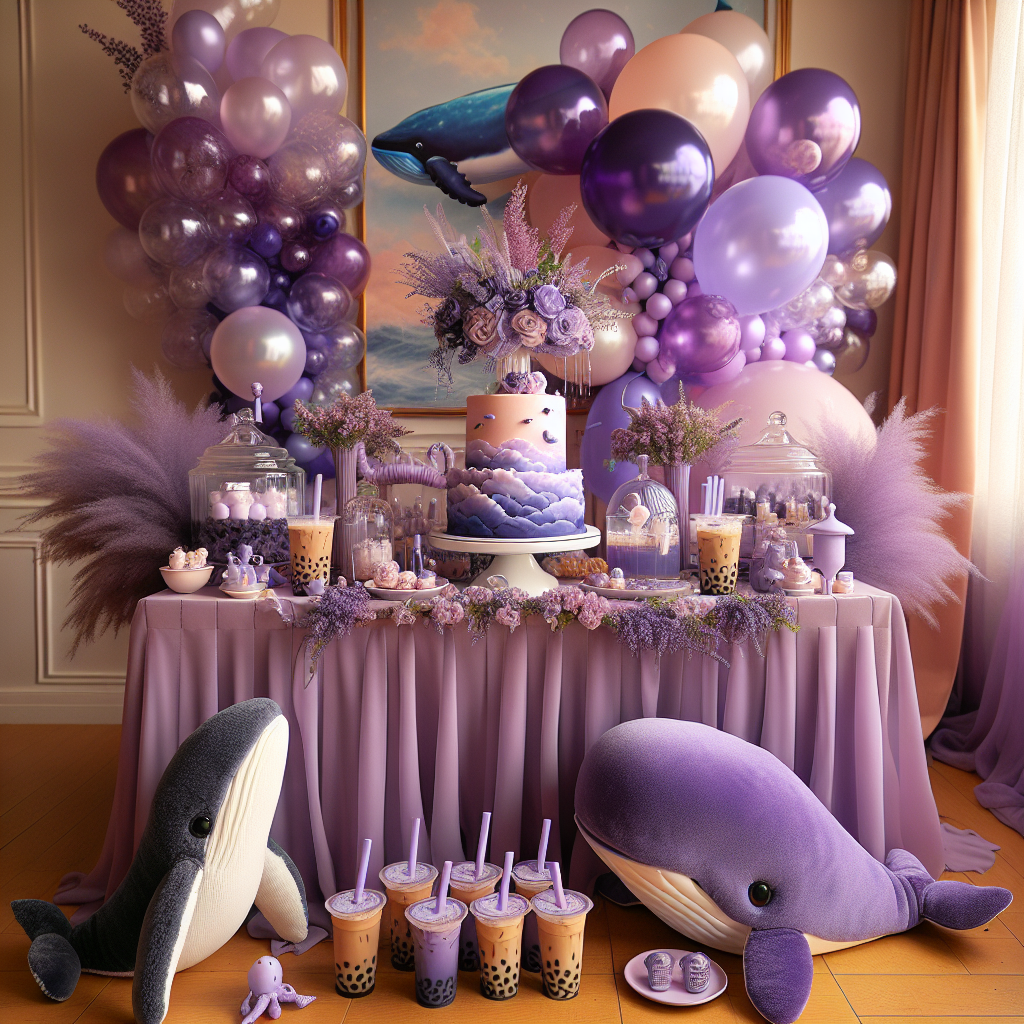 Create an image illustrating a birthday scene imbued with a warm, comfortable atmosphere. The predominant color theme is purple in various shades. Several realistic whale soft toys are scattered around the room, some of them amusingly holding mini cups of bubble tea. The main table, draped with a violet-colored tablecloth, is adorned with an elegant centerpiece featuring a whale sculpture surrounded by a whirl of purple and translucent balloons, indicative of both bubbles and bubble tea. Party attendees get to indulge in bubble tea served in unique cups. The table also holds a meticulously made cake displaying a frolicking whale spouting lavender-colored frosting.
Generated with these themes: Purple, whales, baba tea.
Made with ❤️ by AI.