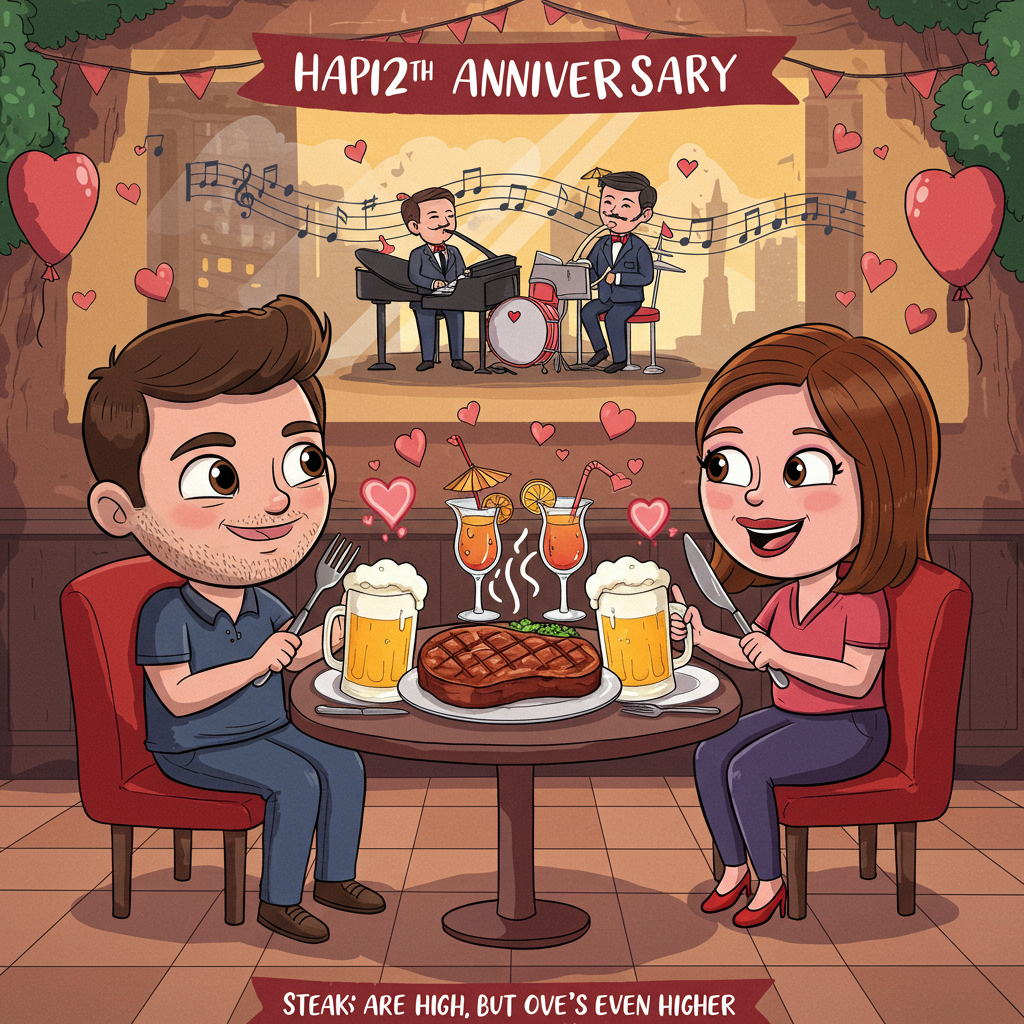 ### Prompt for Image

At the top of the Cartoon Style image, include the text: "Happy 12th Anniversary"

Imagine a whimsical and colorful scene where two playful cartoon characters, a couple, are celebrating their anniversary. The couple, with exaggerated and cute proportions, are in a lively setting that combines elements of love, music, steak, cocktails, and beer.

The characters are sitting at a small round table in a vibrant and cozy setting. On the table, there is a deliciously oversized steak, sizzling with aroma and illustrated in rich, juicy tones. Surrounding the steak, two frosty beer mugs clink together, forming little heart-shaped froth above them. Next to the mugs, fancy cocktails in quirky glasses add a splash of color, with little umbrellas and fruit garnishes peeking out.

In the background, a tiny cartoon band with a saxophonist and a pianist plays a lively romantic tune. Music notes and little hearts float through the air, creating a playful and loving atmosphere.

The couple gazes at each other lovingly, their eyes sparkling with joy and laughter. They're both holding oversized cutlery, about to dig into their meal, adding a fun twist to the scene.

Add a cheeky caption at the bottom of the image that reads: "Steaks are high, but our love's even higher!"
Generated with these themes: Love, music, steak, cocktails, beer, and .
Made with ❤️ by AI.