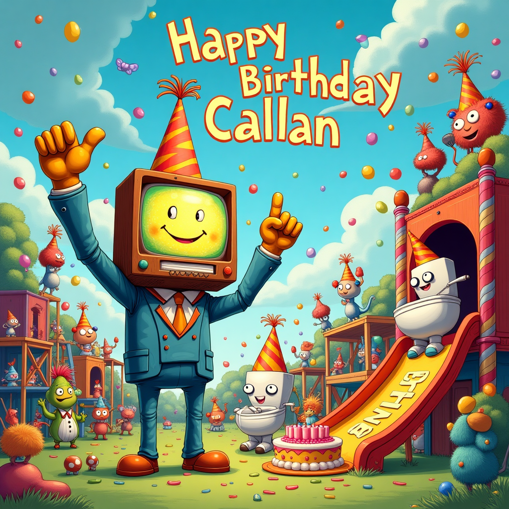 In this whimsical birthday card scene, imagine a vibrant and chaotic playground, reminiscent of a fantastical version of a Norman Rockwell painting, yet twisted with a playful nod to Quentin Blake's lively linework. The setting is Huggy Wuggy’s playground, an oversized jungle gym teeming with colorful climbing frames and slides, all adorned with bright streamers and bobbing balloons. At the heart of this playful chaos stands Titan TV Man, a towering figure with an old-school television set for a head, its screen displaying a fuzzy static smile and wearing a bright, oversized birthday hat tilted jauntily to one side. He's waving a huge foam finger proclaiming "Birthday Champion" in neon letters. Nearby, Skibidi Toilet, an animated, anthropomorphic toilet with googly eyes, is wearing a polka-dotted birthday hat perched on its tank lid. It's enthusiastically shooting confetti from its bowl, adding to the riotous celebration.

In the background, peeking out from behind a slide, a group of giggling animated creatures resembling Maurice Sendak’s wild things can be seen, cheering with party horns and tiny banners. The words “Happy Birthday Callan” are spelled out in large, fluffy cloud letters drifting across the azure sky, ensuring the focus is unmistakably celebratory. To tie everything together, the playful critters have also crafted a large cake from colorful building blocks at the foot of a slide, with the name “Callan” carefully written on top with jellybean-like lettering. The whole scene is a bustling and joyful spectacle, ready to jump off the card and bring a smile to anyone’s face.
Generated with these themes: Titan Tv Man, and Skibidi Toilet, wearing birthday hats, balloon and streamers in huggy wuggy’s playground.
Made with ❤️ by AI.