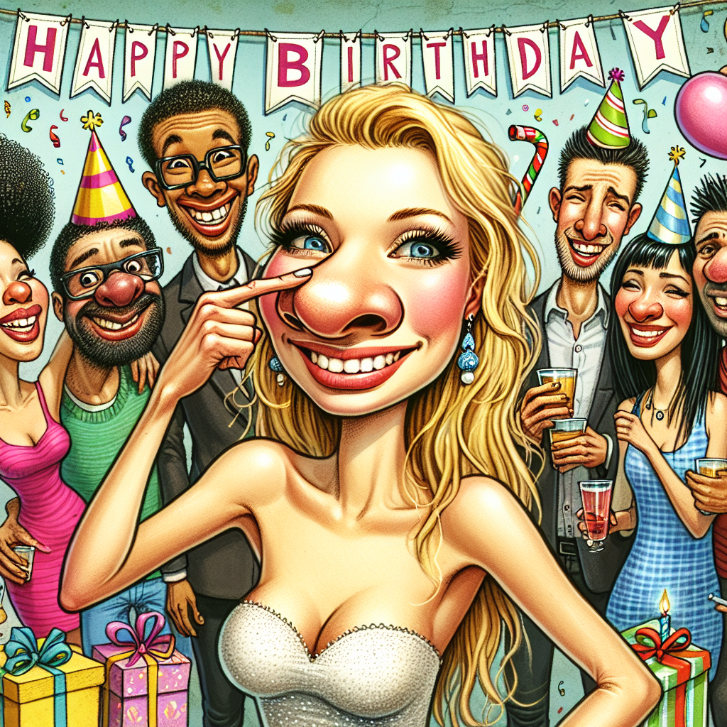 A whimsical illustration shows a pretty blonde woman with a notably oversized nose posing for a birthday photo. She's surrounded by friends who are also humorously caricatured. The group is laughing and holding party favors, with a banner that reads 'Happy Birthday' in cartoonish letters stretching across the top.
Generated with these themes: pretty blonde woman with massive nose.
Made with ❤️ by AI.