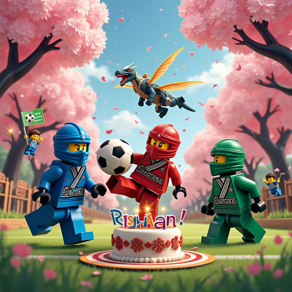 In a vibrant, action-packed scene that bursts with color and dynamism, the cover of the birthday card captures a whimsical moment where the worlds of Ninjago, soccer, and Taekwondo collide in a delightful chaos. In the foreground, three animated Lego Ninjago characters, each with distinct colors—red, blue, and green—are locked in a friendly competition. The red ninja balances a soccer ball on his foot, showcasing nimble skill as he prepares to pass it to the blue ninja. Meanwhile, the green ninja, standing on one leg, is in a classic Taekwondo pose, poised to perform a swift kick to intercept the ball.

The backdrop is a playful mix of a soccer field and a traditional dojo, with the field's lush green grass giving way to smooth wooden floors. Cherry blossom trees line one side, their pink petals scattered in the air, lending a touch of tranquility to the scene. In the sky above, fluffy clouds have whimsically formed the letters of "Rishaan," subtly crafted into the scene as if written by a divine hand. Below this, a colorful banner stretched between two of the cherry blossom trees reads, "Happy Birthday!" in cheerful, bold letters.

Adding to the lively atmosphere, a tiny robotic dragon, reminiscent of those in Ninjago, swoops through the air, holding a small birthday cake adorned with sparklers in its claws. The cake is extravagantly decorated with soccer ball patterns, while its icing spells out "Happy Birthday Rishaan" in playful, looping letters. A few animated soccer fans, dressed in traditional Taekwondo uniforms, cheer on the sidelines, holding mini flags with Rishaan’s name and giving thumbs-up gestures. This card is a unique blend of action and celebration, with each element finely detailed to tell a story of adventure and festivity all at once.
Generated with these themes: Ninjago, Soccer, and Taekwondo.
Made with ❤️ by AI.