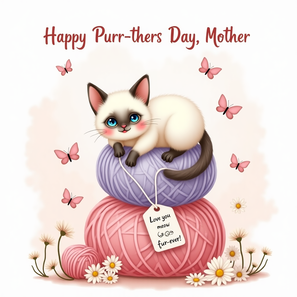At the top of the illustration image: "Happy Purr-thers Day, Mother!"

An adorable white Siamese cat lounges atop a soft stack of pastel-colored yarn balls, its crystal-blue eyes gleaming mischievously. Around the cat are delicate, fluttering butterflies and scattered daisies, all bathed in gentle springtime light. A small, hand-written tag dangles from the largest yarn ball, reading “Love you meow & fur-ever!” The background features a soft watercolor texture in blush pink and lavender tones, giving the scene a dreamy, affectionate vibe. The whole image radiates cuddly charm and cheeky elegance — perfect for a Mother's Day smile.
Generated with these themes: white siamese cat.
Made with ❤️ by AI.
