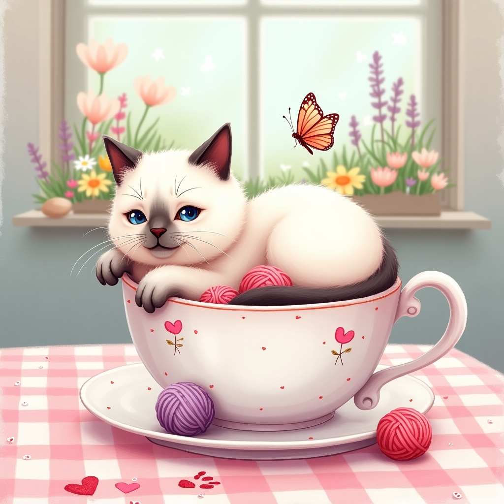 At the top of the illustration image, "Happy Mother’s Day to the Purr-fect Mum!"

**Image Prompt:**  
An adorable white Siamese cat is curled up in a giant, heart-shaped teacup filled with soft yarn balls instead of tea. The teacup sits atop a pastel-checkered tablecloth with dainty floral patterns. Behind the cat, sunlight pours through a window framing blooming spring flowers—daisies, tulips, and lavender—in a garden beyond. A playful butterfly has landed on the cat’s nose, making its blue eyes cross slightly in a funny, charming way. The whole scene is bathed in soft pinks, creamy whites, and lilac hues, evoking warmth and affection. Scattered nearby are handmade drawings with pawprints and crayon hearts, hinting the cat's tried (and failed adorably) to craft its own Mother's Day card.
Generated with these themes: white siamese cat.
Made with ❤️ by AI.
