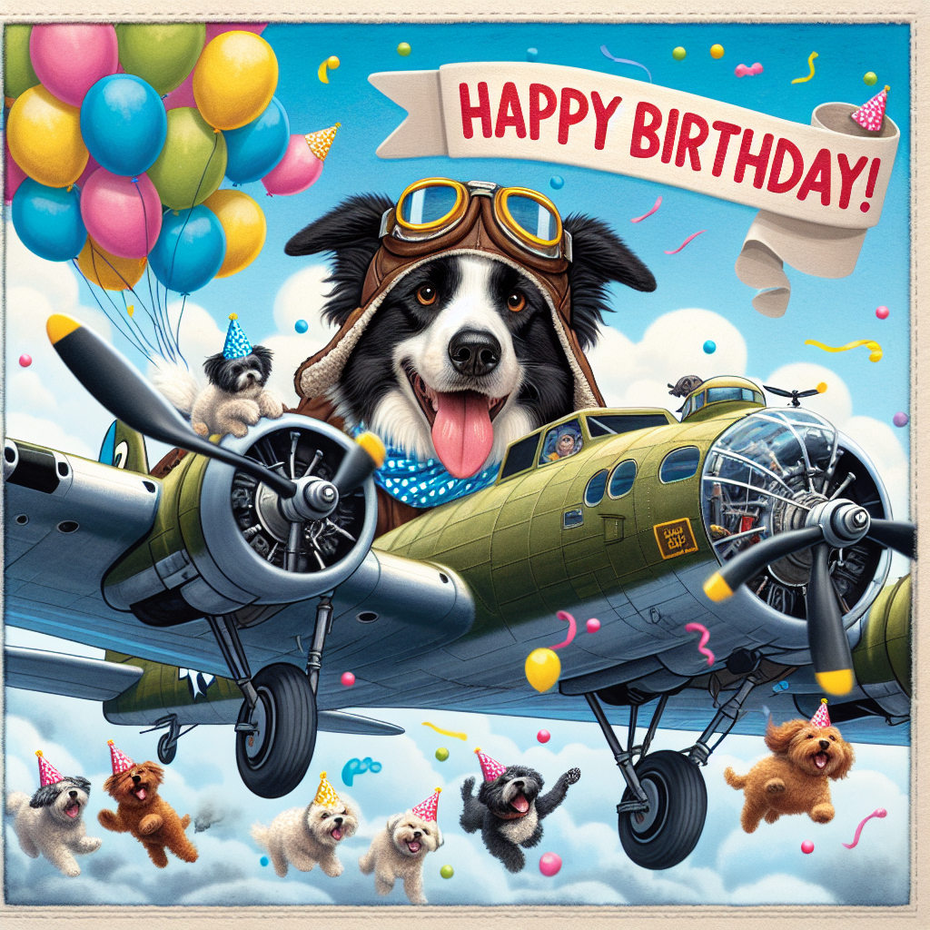 Create a humorous birthday card illustration. The central character is a Border Collie dressed in a pilot's outfit, including goggles and a scarf. This amusing dog is skillfully piloting a B-17 Flying Fortress airplane. The sky around the plane is filled with multicolored balloons that add a fun party atmosphere. Below the plane, a banner unfurls trailing the enthusiastic message 'Happy Birthday!'. Adding to this festive mood, the rest of the dog's fuzzy crew, consisting of different breeds of dogs, playfully tosses birthday hats and streamers from the open bomb bay doors of the plane.
Generated with these themes: Border collie piloting a b-17 flying fortress.
Made with ❤️ by AI.