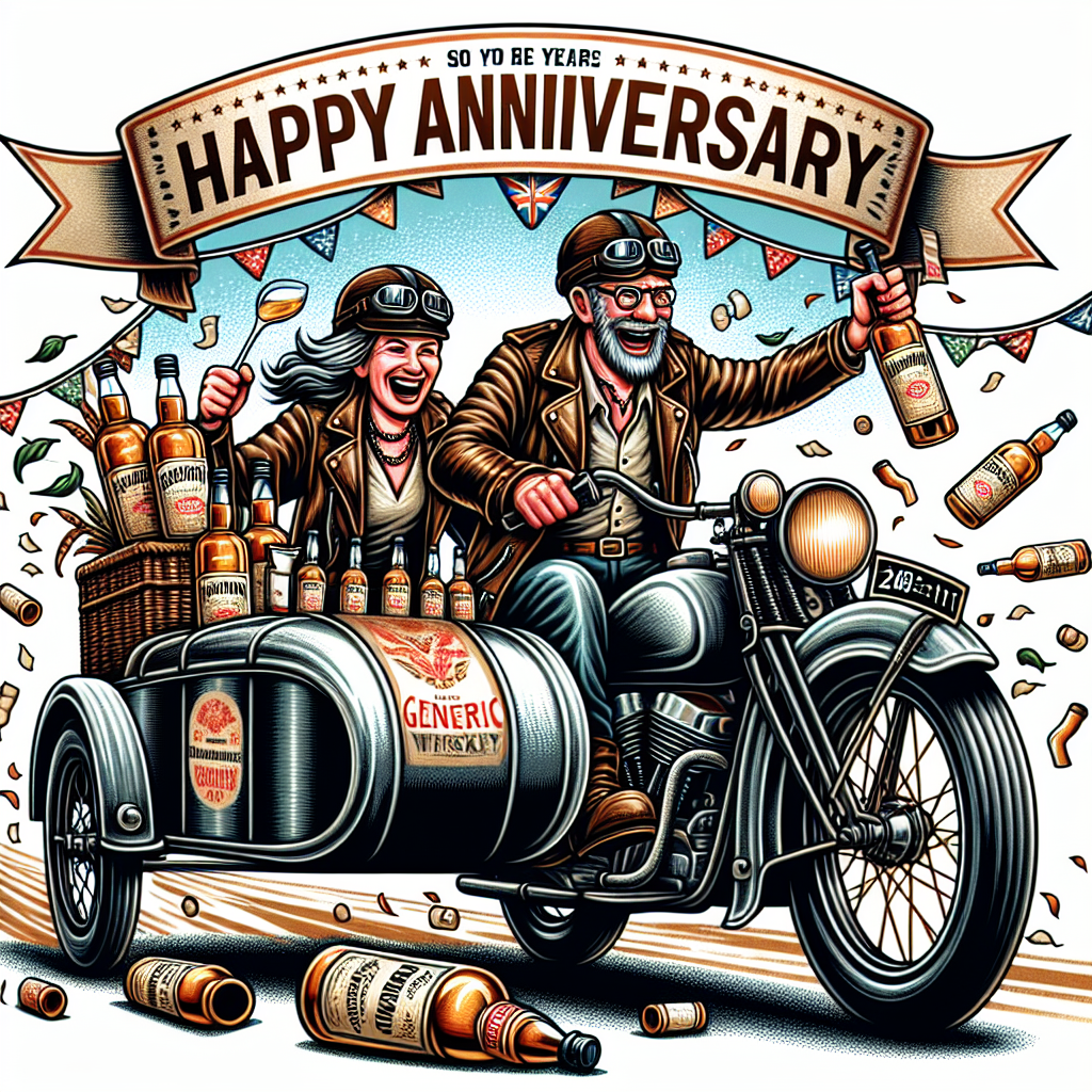 This is a joyous anniversary illustration depicting a pair of riders, embarking on an adventurous journey, adorned in leather attire. They are celebrating mid-ride on their vintage motorcycle that has been charmingly embellished with decorative streamers and a banner celebrating their anniversary. As a lighthearted twist, the sidecart of the motorcycle is abundant with bottles of generic whiskey, some of which are auspiciously spilling over and leaving behind a symbolic trail indicating the years of their shared life journey. The animated expressions of laughter and the symbolic clinking of glasses contribute to the overall vibrant and festive atmosphere of the scene.
Generated with these themes: Harley Davidson, Motorbikes, and Jack daniels.
Made with ❤️ by AI.