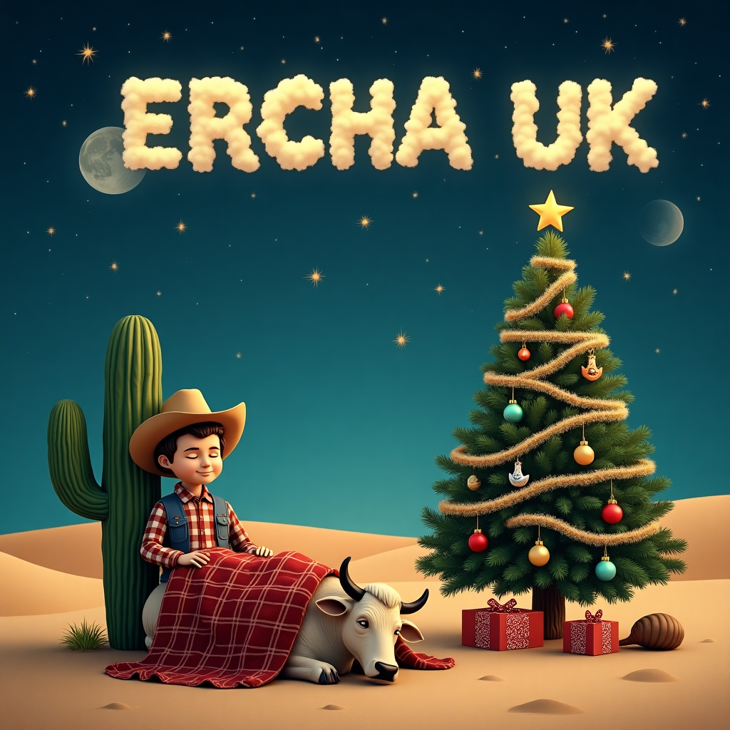 In a vast, star-speckled sky, the serene moon casts a gentle glow over a whimsical desert landscape. The setting is a tranquil Christmas night, and at the heart of the scene is a lonesome cowboy. He leans back against a barrel cactus, his wide-brimmed hat tipped over his eyes as he dozes off, exuding an aura of rugged tranquility. Next to him lies a sleepy cow, peacefully snuggled into the sand with a cozy, red plaid blanket draped over its back. Its large, dreamy eyes are half-closed, reflecting the twinkle of distant stars. To the right of this snoozing duo stands a Christmas tree, improbably thriving in the arid desert sands. It's adorned with ornaments shaped like tiny cacti, cowboy boots, and shiny silver spurs, with tinsel swirling around its branches like a lasso. At the foot of the tree are a few carefully wrapped gifts, each one tied with bright bandana-print ribbons. In the sky above, the letters "ERCHA UK" are playfully formed by a group of fluffy clouds, reminiscent of a cheerful smoke signal drifting across the heavens. A lone tumbleweed rolls gently by, completing this quirky yet heartwarming Christmas tableau.
Generated with these themes: Cowboy , Sleepy cow , Christmas tree, gifts , moon .
Made with ❤️ by AI.