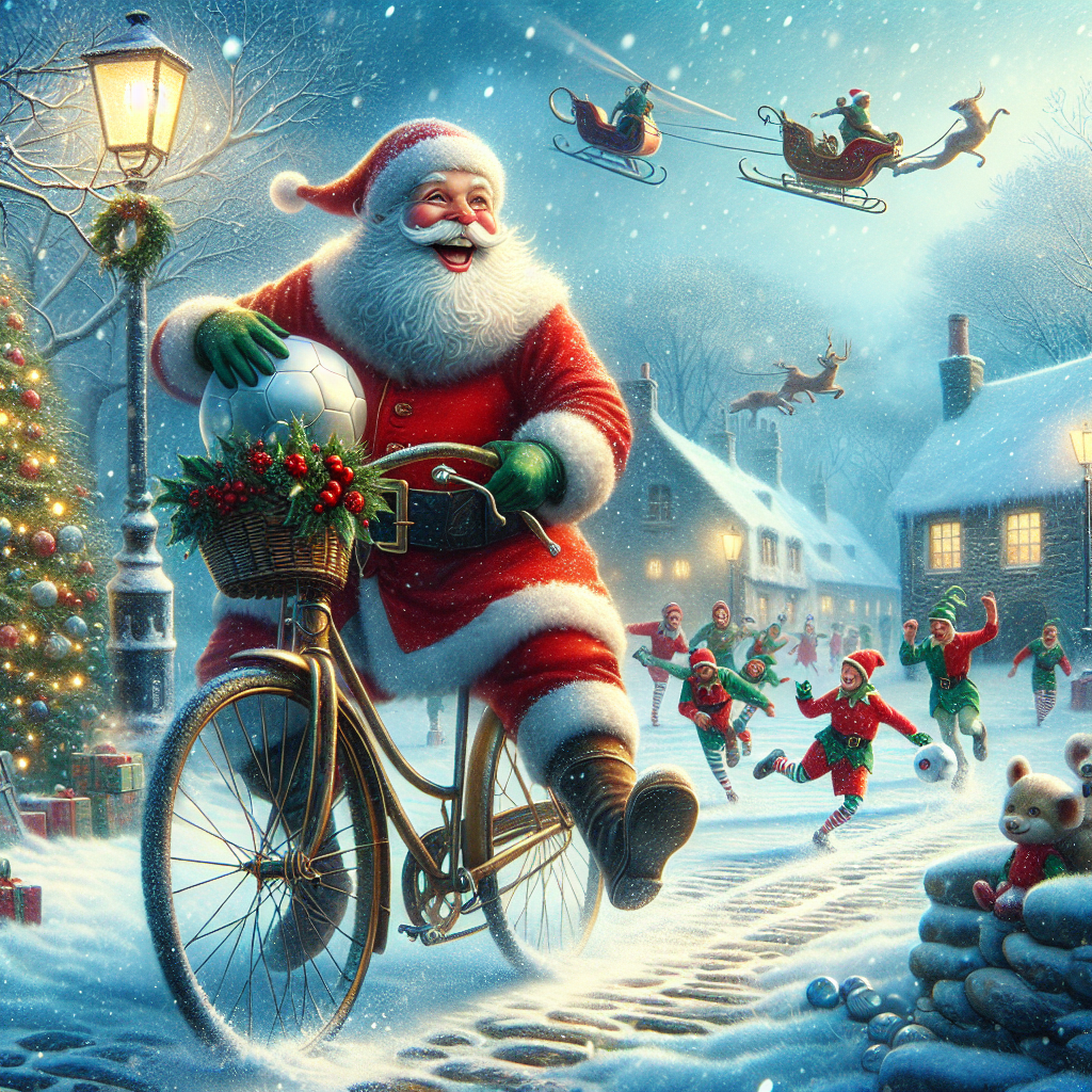 In this delightful Christmas illustration, Santa Claus is swapping his sleigh for a vintage bike, pedaling merrily along a cobblestone path. He is sporting his iconic red and white attire, with a sprig of holly on his hat. Behind him, a group of elves are engaged in a spirited soccer match, using a bauble as their ball. Snowflakes gently fall, dusting the scene with a layer of fresh, white snow, as distant holiday lights twinkle from cozy cottages.
Generated with these themes: Santa claus on bike, and Santa claus soccer.
Made with ❤️ by AI.